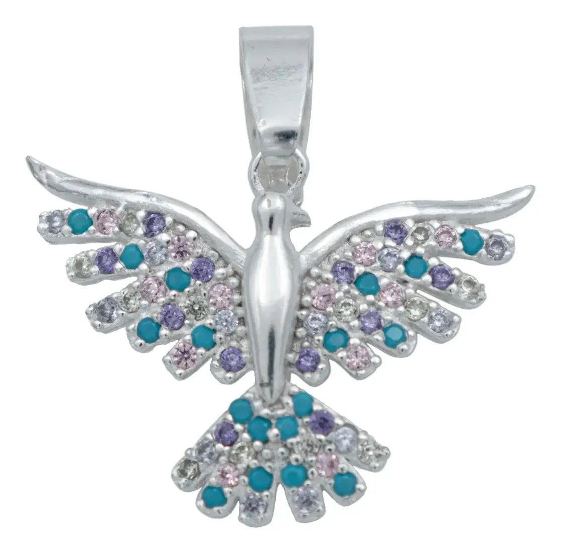 Dije Colibrí Plata 925, colgante artesanal de plata .925 con Zirconia Multicolor brillante. Joyería fina mexicana, colibrí.