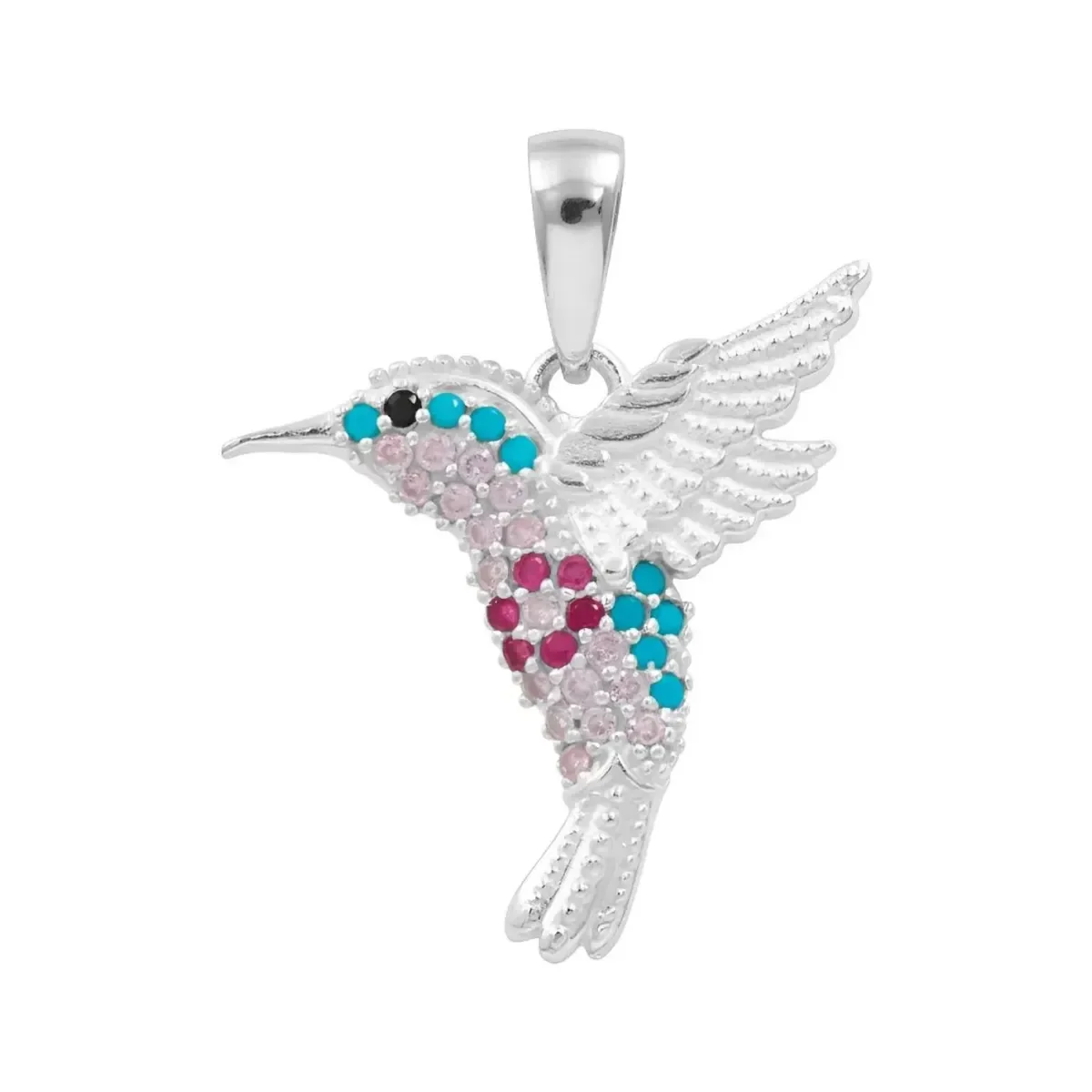 Dije Colibrí Plata .925 con zirconia cúbica multicolor brillante, joyería fina mexicana, diseño único y moderno.