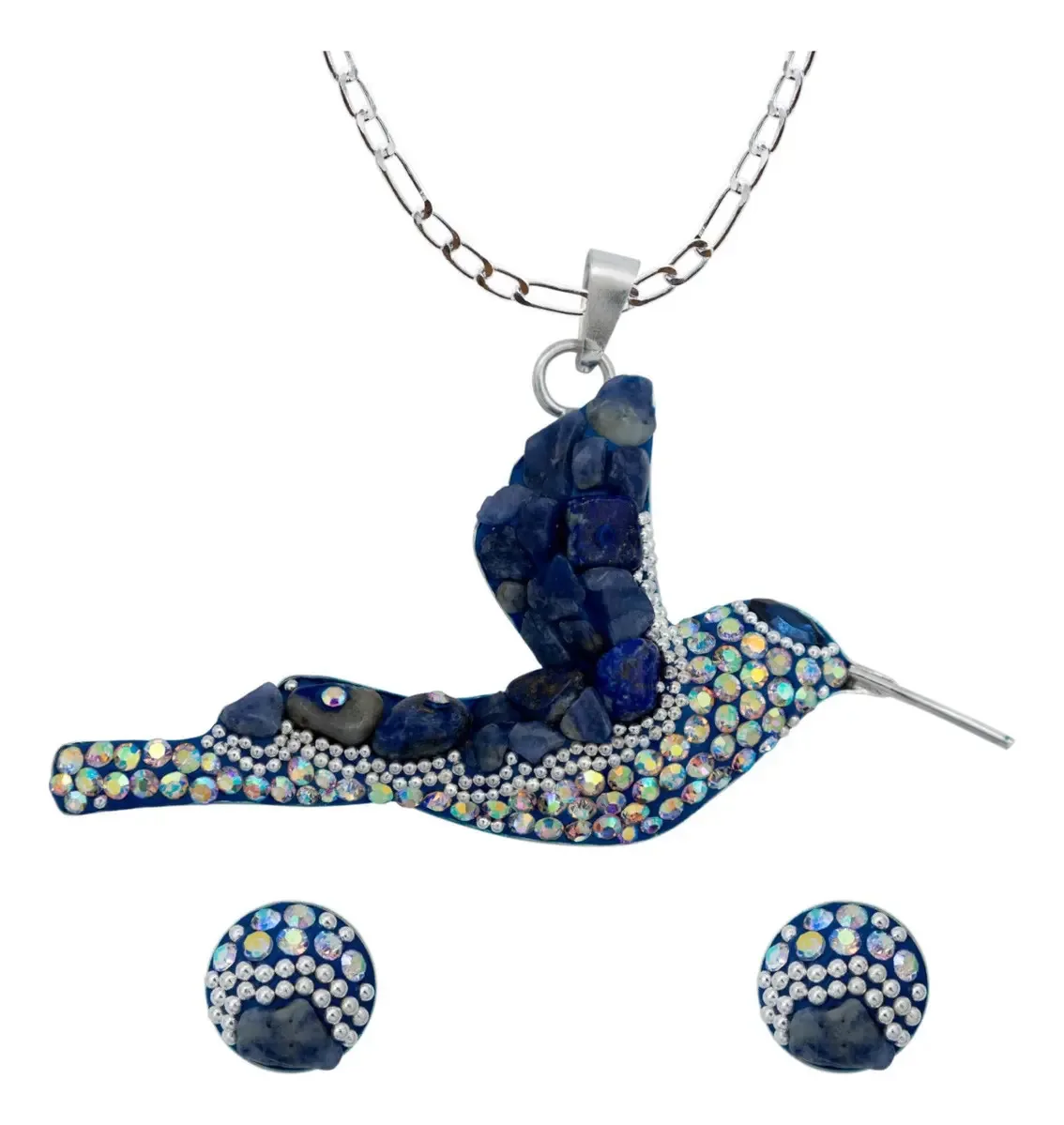 Dije Colibrí Plata 925 con piedrería azul y Cadena Eslabón - Joyaris joyería fina mexicana