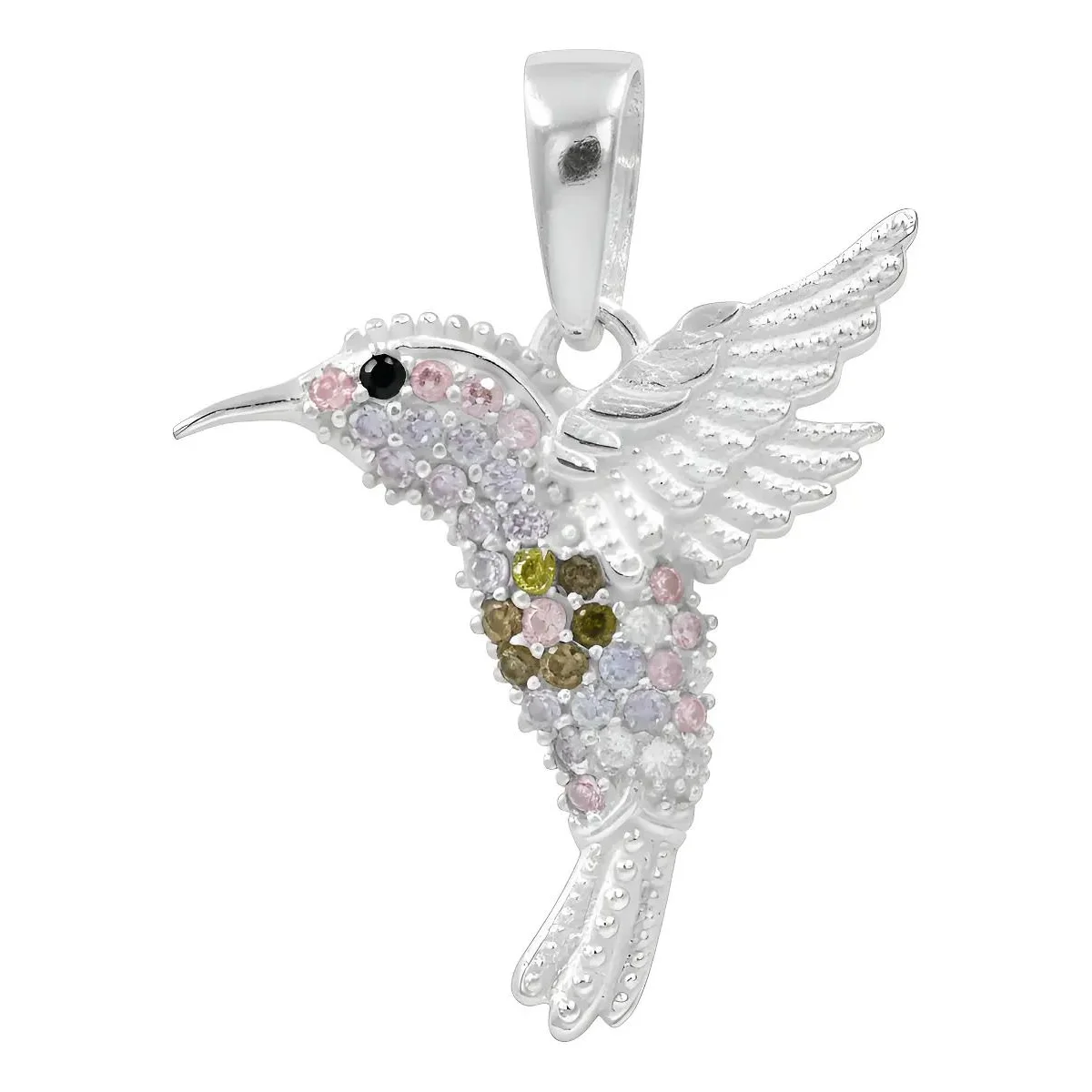 Dije Colibrí Plata .925 detallado, con Zirconia Multicolor. Ideal dije de plata mujer, amuleto vibrante, regalo original mamá