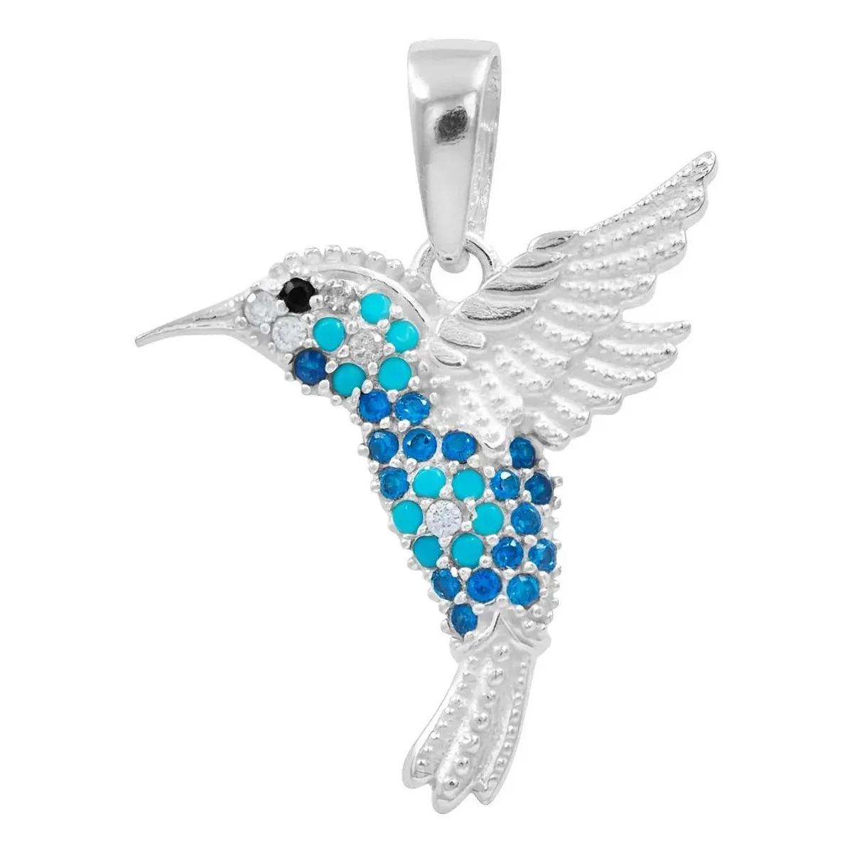 Dije Colibrí Plata .925 Zirconias Multicolor para mujer, colgante minimalista de diseño con broche perico.