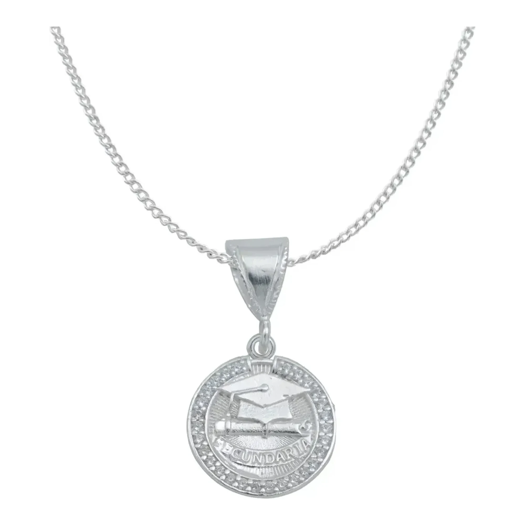 Dije Graduación Plata .925 con Zirconia Cadena Barbada 45cm - Imagen 1