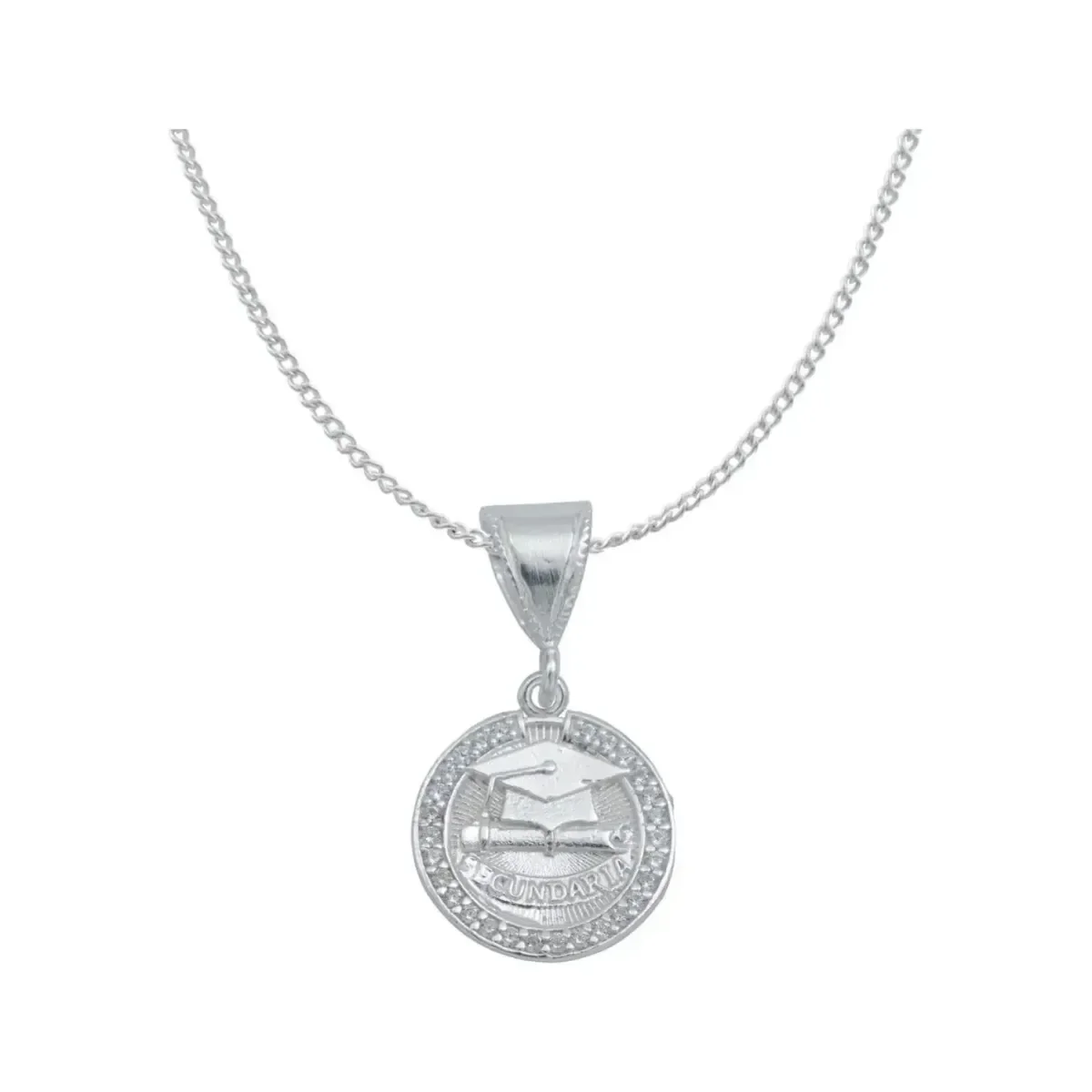 Dije Graduación Plata .925 con Zirconia Cadena Barbada 45cm - Imagen 1