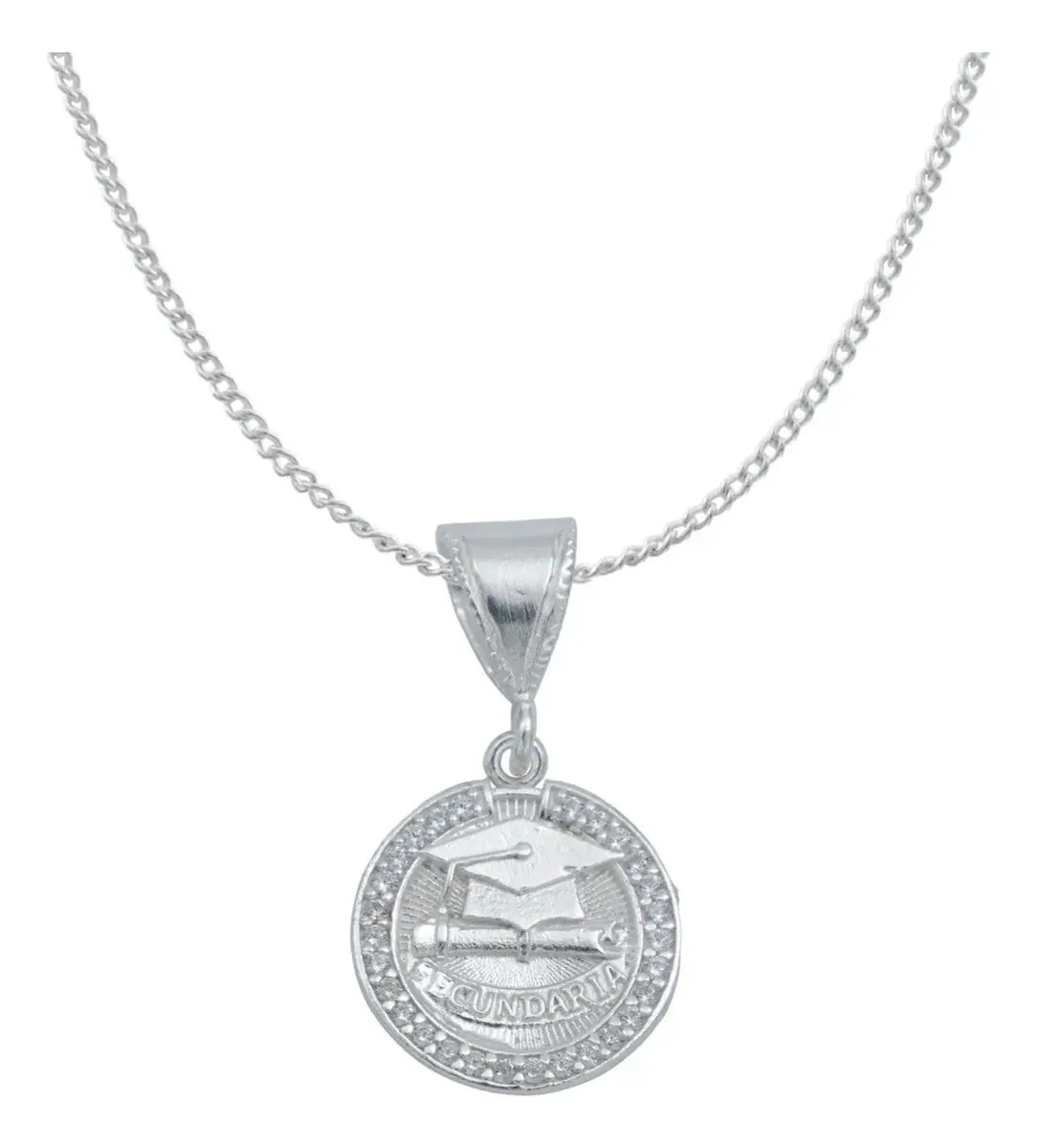 Dije Graduación Plata .925 con Zirconia Cadena Barbada 45cm - Imagen 1
