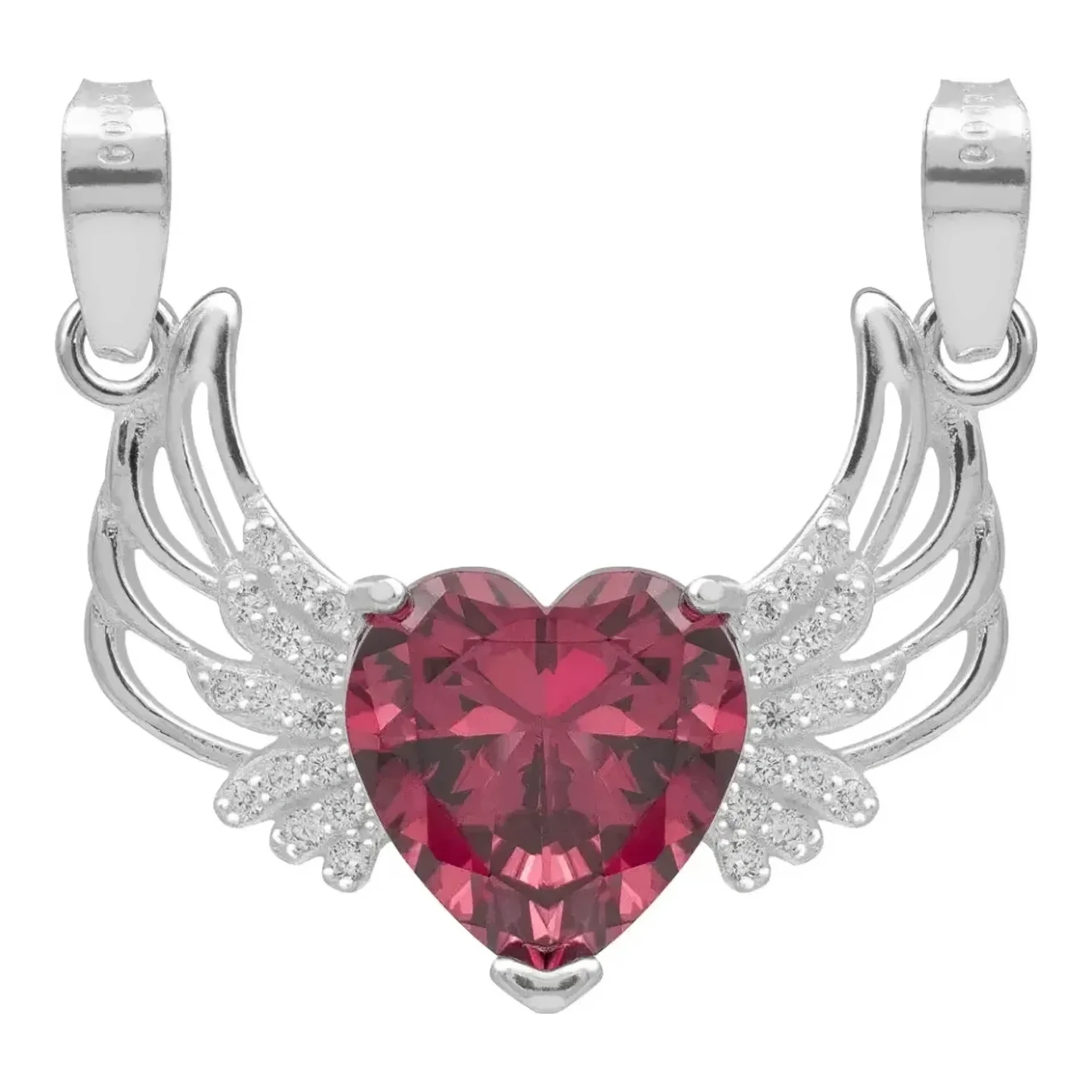 Dije corazón con alas plata .925 zirconia roja brillante acabado liso broche perico diez milímetros joyería mujer fina