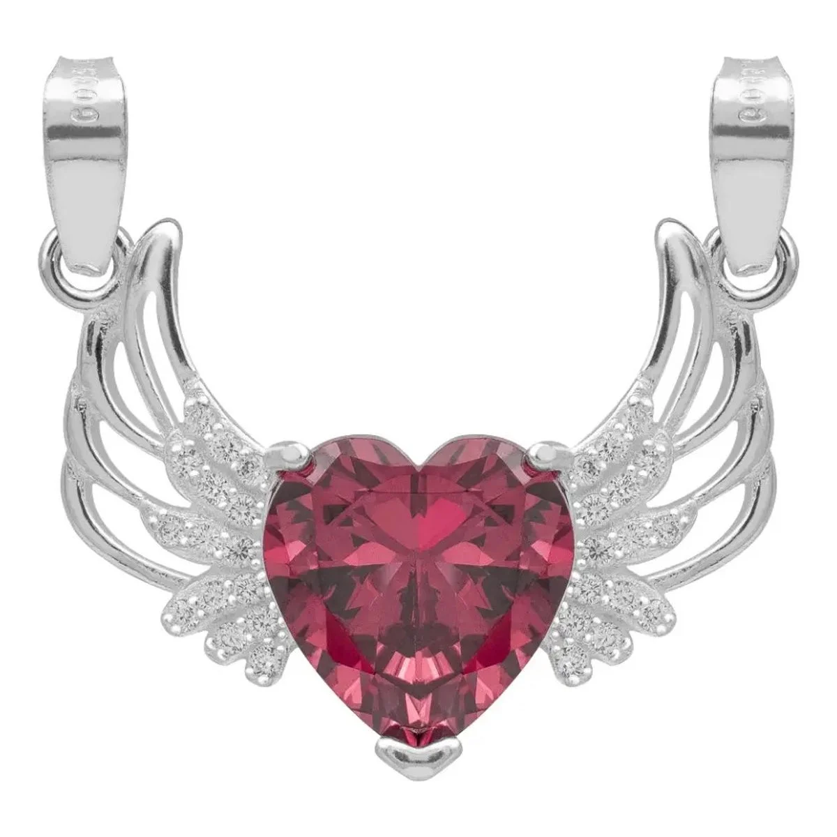 Dije Corazón con Alas Plata .925, zirconia roja vibrante. Colgante de plata fina auténtica con diseño sentimental, joyería de