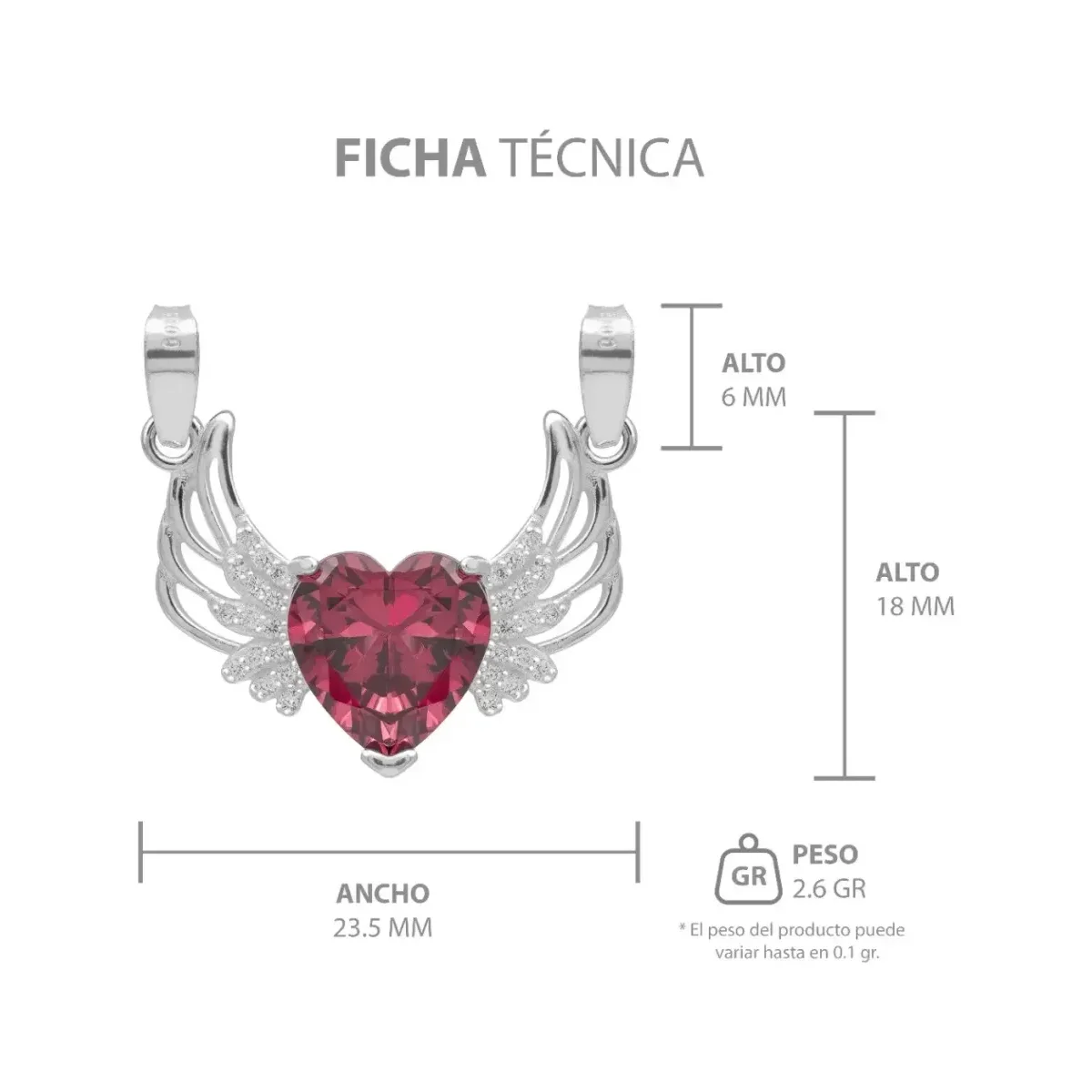 Dije Corazón con Alas Plata 925 Zirconia Roja - Imagen 7