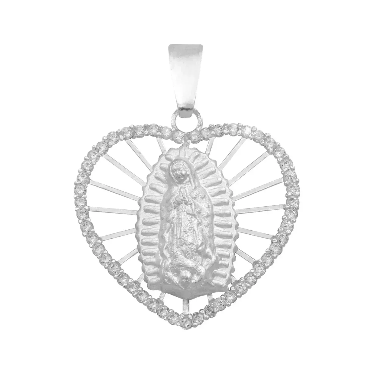 Dije Corazón Virgen Guadalupe Plata 925 con Zirconia. Colgante de plata artesanal mexicana, diseño de corazón con virgen, joy