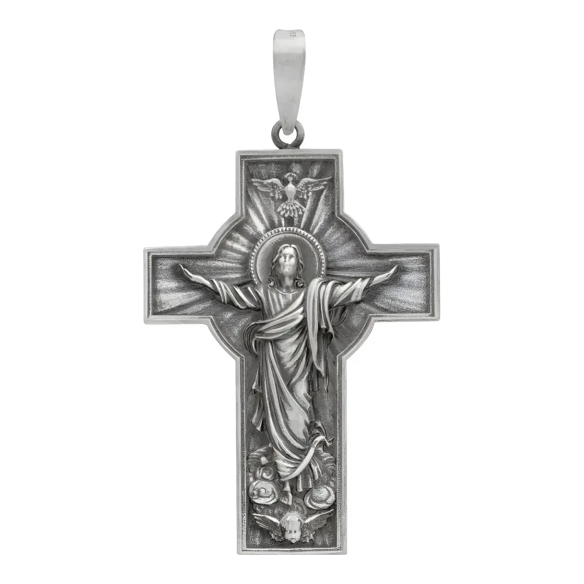 Dije de cruz antigua en plata 925 nacional con grabado de Cristo y Espíritu Santo, crucifijo unisex con broche de perico