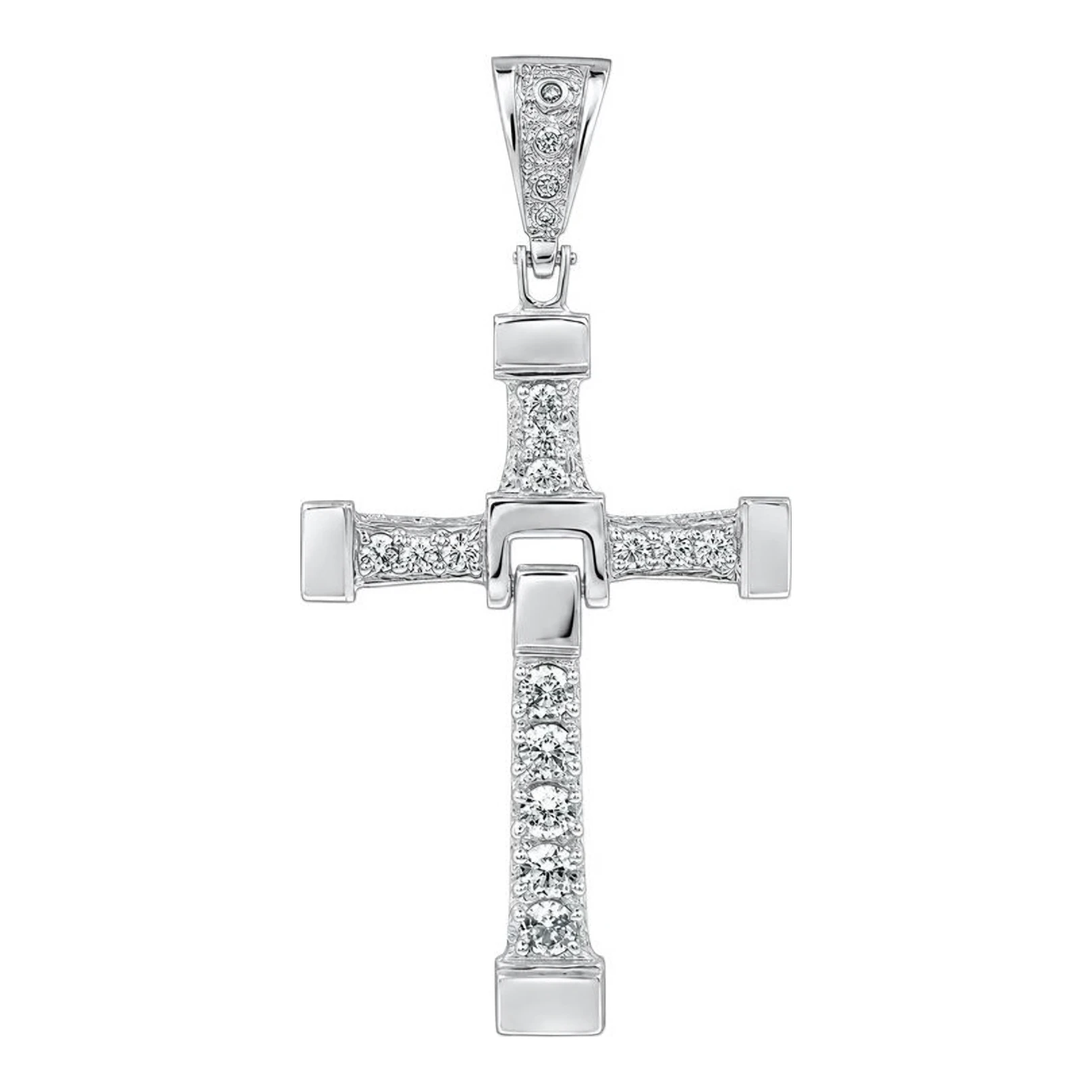 Dije de cruz articulada de plata .925 nacional con zirconia blanca de 79 mm x 37 mm - Joyaris joyería mexicana