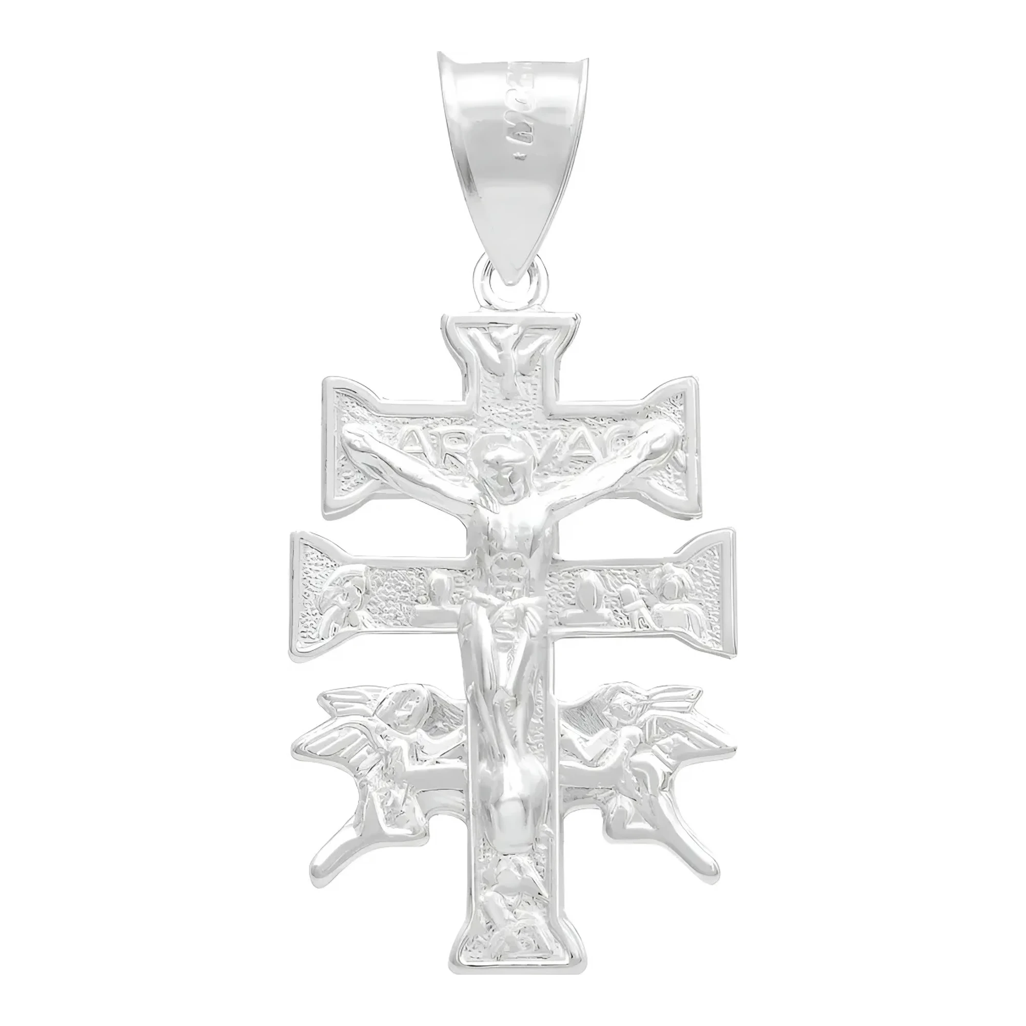 Dije cruz de caravaca plata ley .925 nacional troquelada con cristo y angeles tono plateado brillante 35mm joyeria religiosa