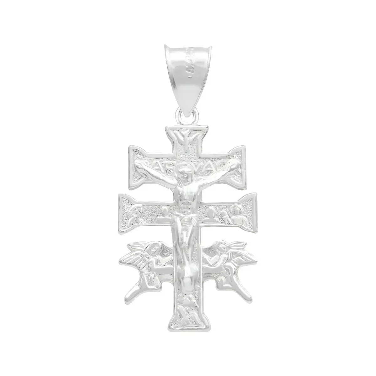 Dije cruz de caravaca plata ley .925 nacional troquelada con cristo y angeles tono plateado brillante 35mm joyeria religiosa
