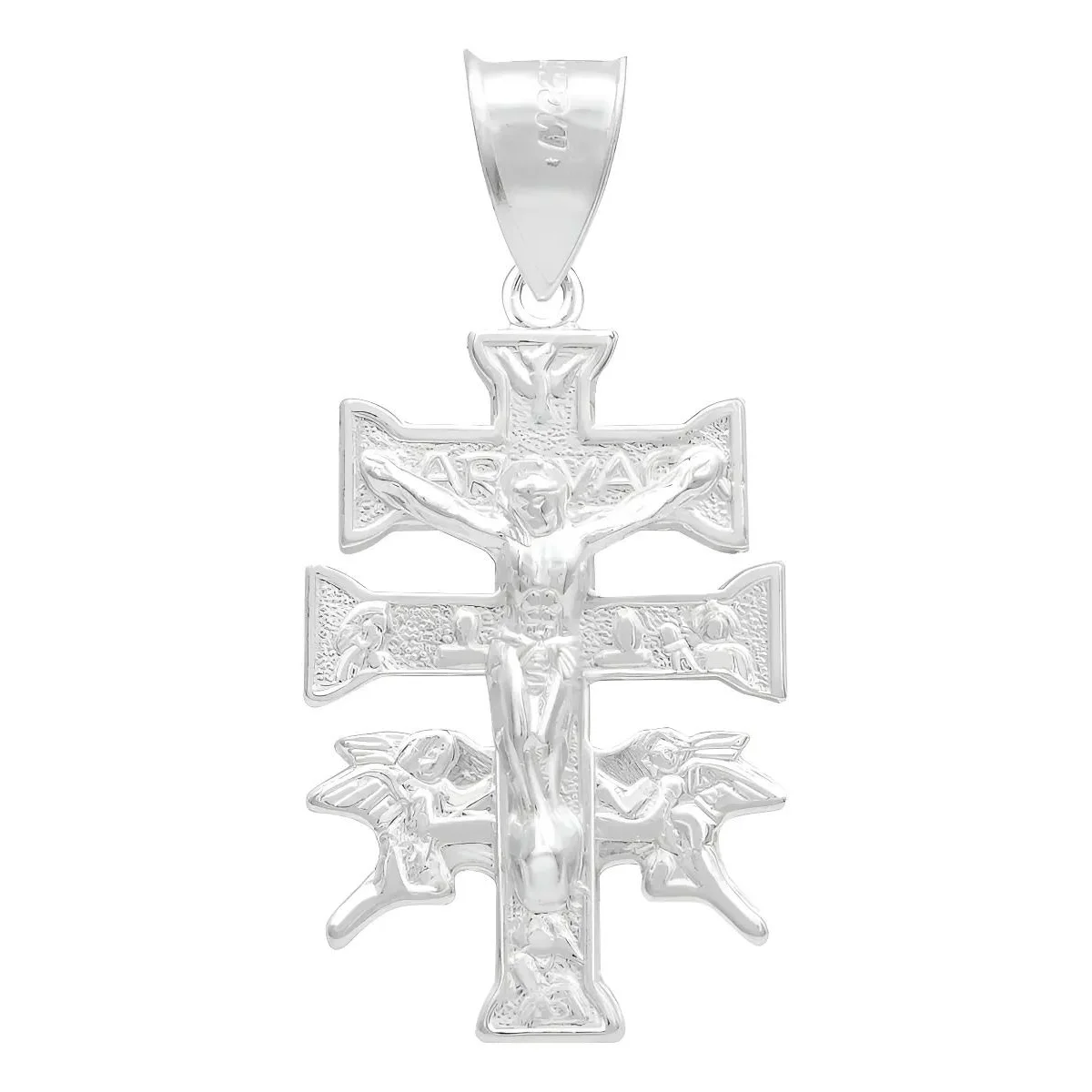 Dije Cruz Caravaca Plata 925 de Taxco, troquelada con Cristo y Ángeles. Colgante religioso unisex, dije católico de protecció