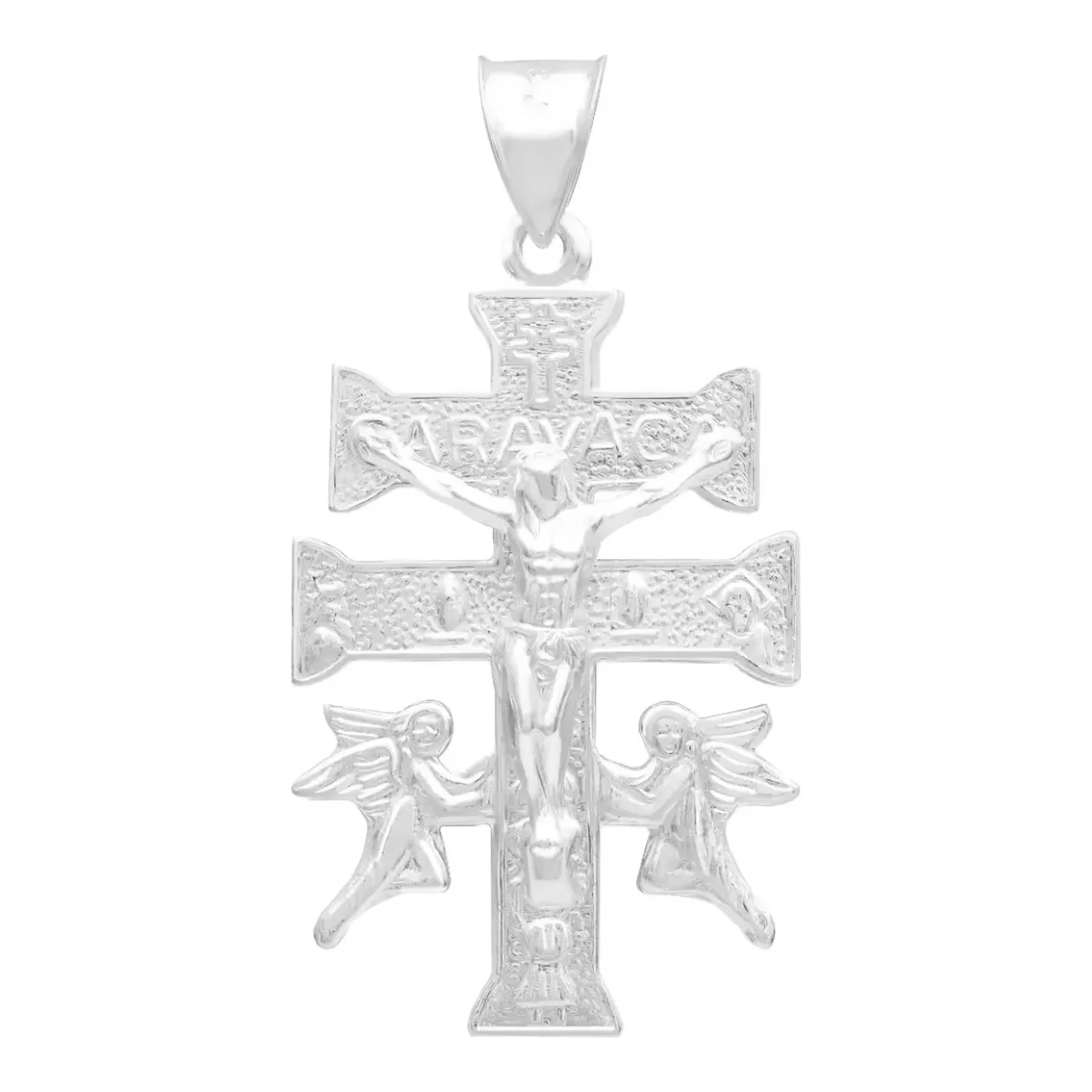 Dije Cruz Caravaca Plata 925 troquelada, diseño Cristo y Ángeles 4.5cm. Joya espiritual protección divina, regalo para mamá.