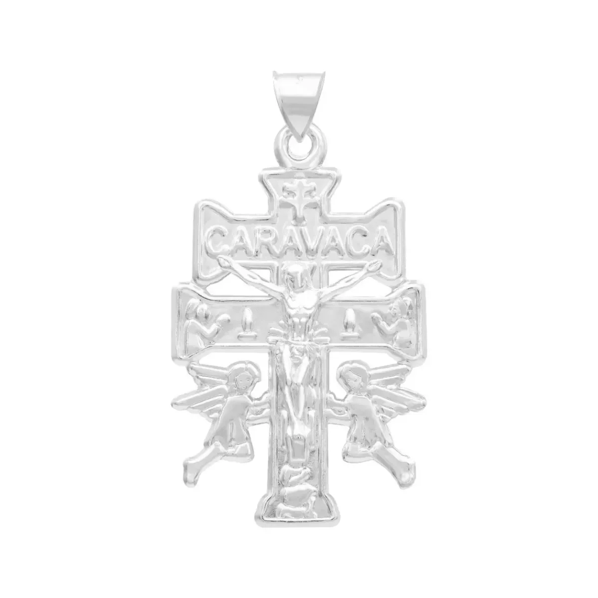 Dije Cruz Caravaca de Plata 925 Nacional, troquelada con Cristo y Ángeles guardianes, joyería mística de Taxco, amuleto de pr