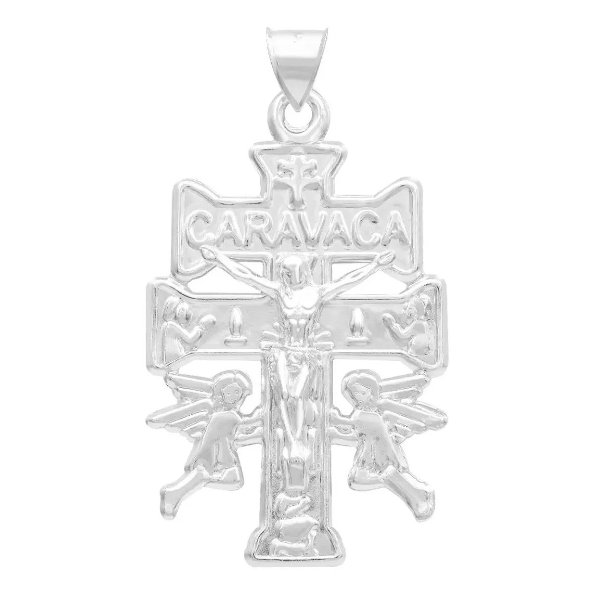 Dije Cruz Caravaca de Plata 925 Nacional, troquelada con Cristo y Ángeles guardianes, joyería mística de Taxco, amuleto de pr