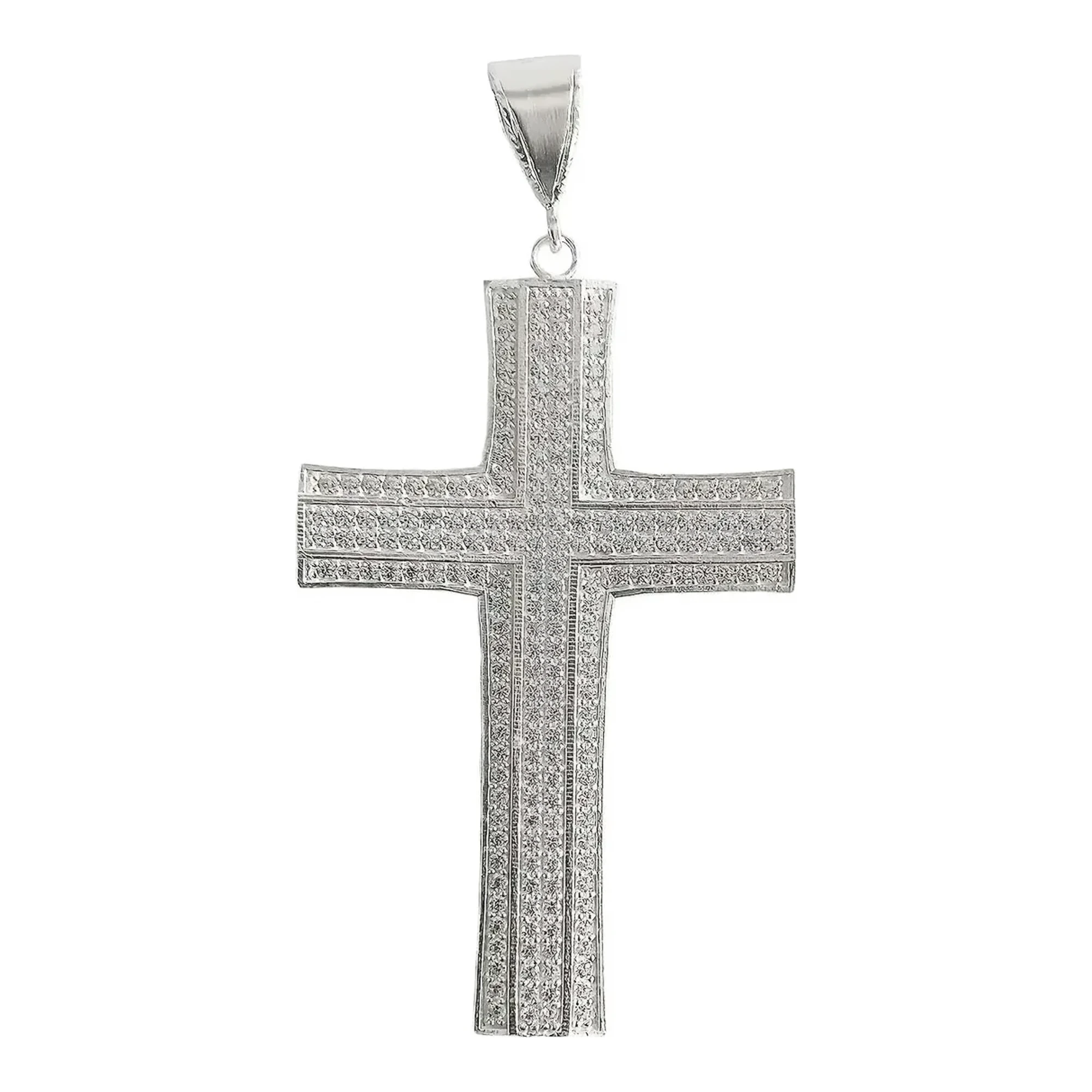 Dije cruz de plata 925 para hombre grande con incrustación de zirconias brillantes y broche tipo perico en plata nacional