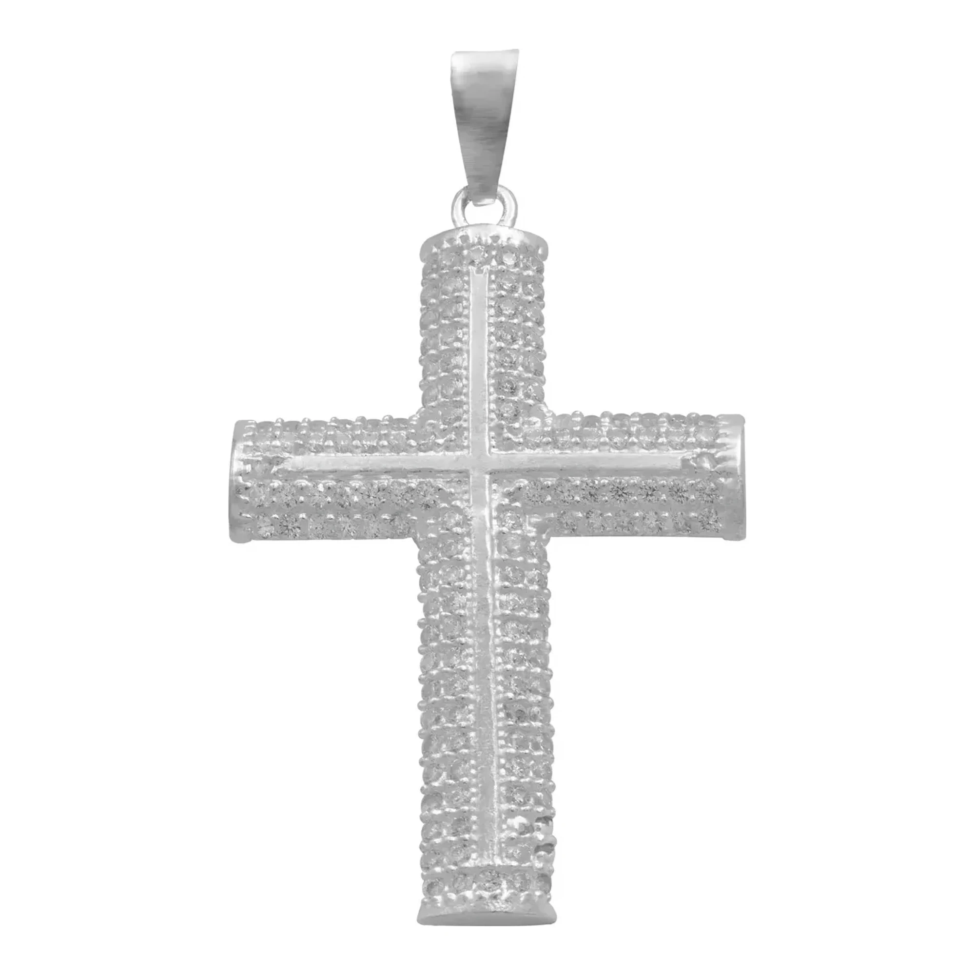 Dije cruz de plata 925 hombre con zirconias brillantes, acabado liso pulido y reasa para cadena, joyería fina para caballero