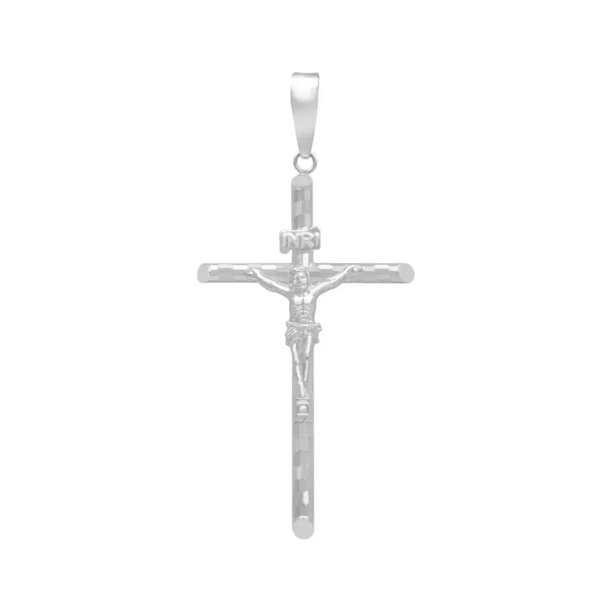 Dije Cruz Cristo Plata 925 diamantado, diseño ajedrez tubular. Joyería mexicana moderna, acabado brillante. Collar plata mamá