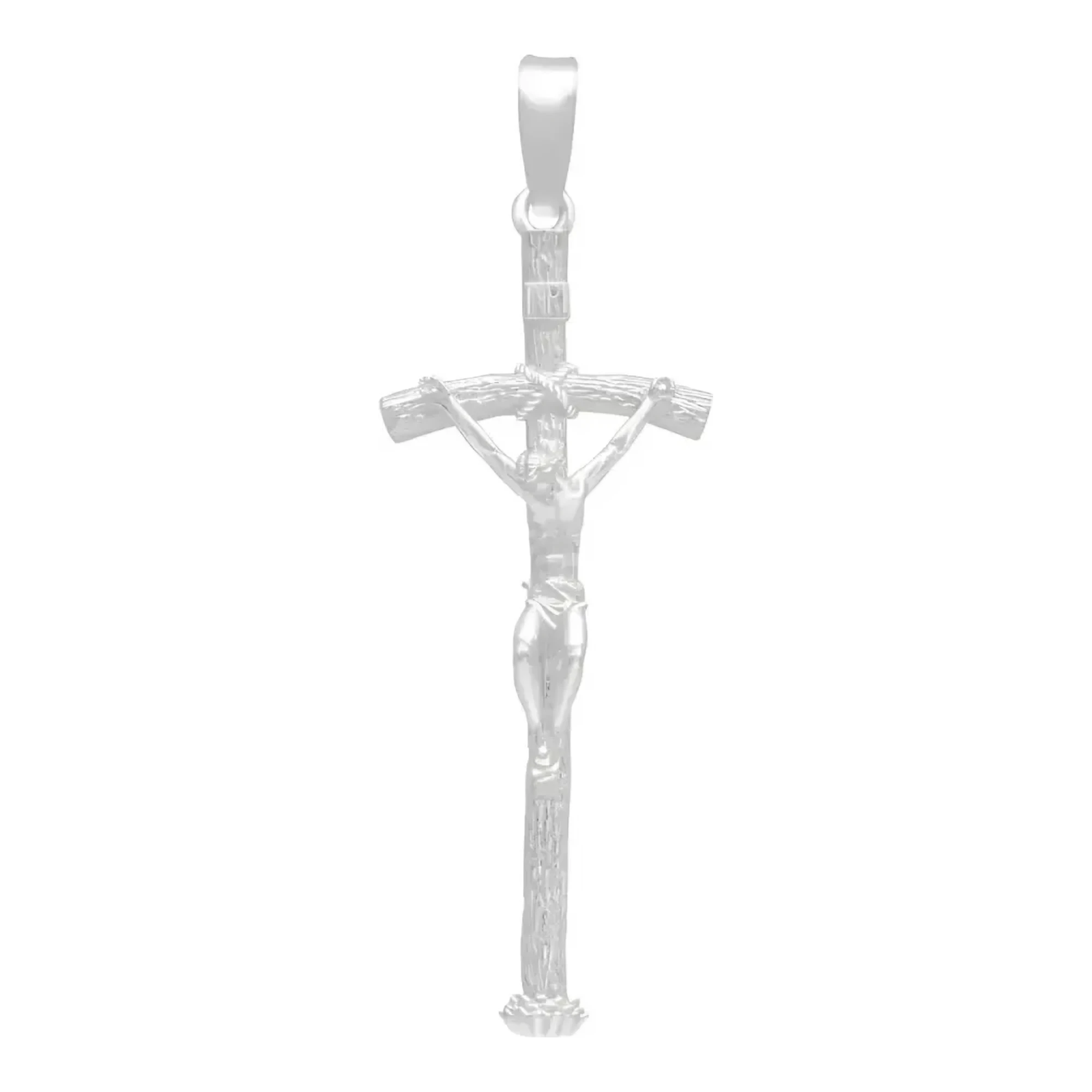 Dije cruz con Cristo de plata 925 nacional, crucifijo artesanal con ramas en acabado liso brillante de joyería mexicana