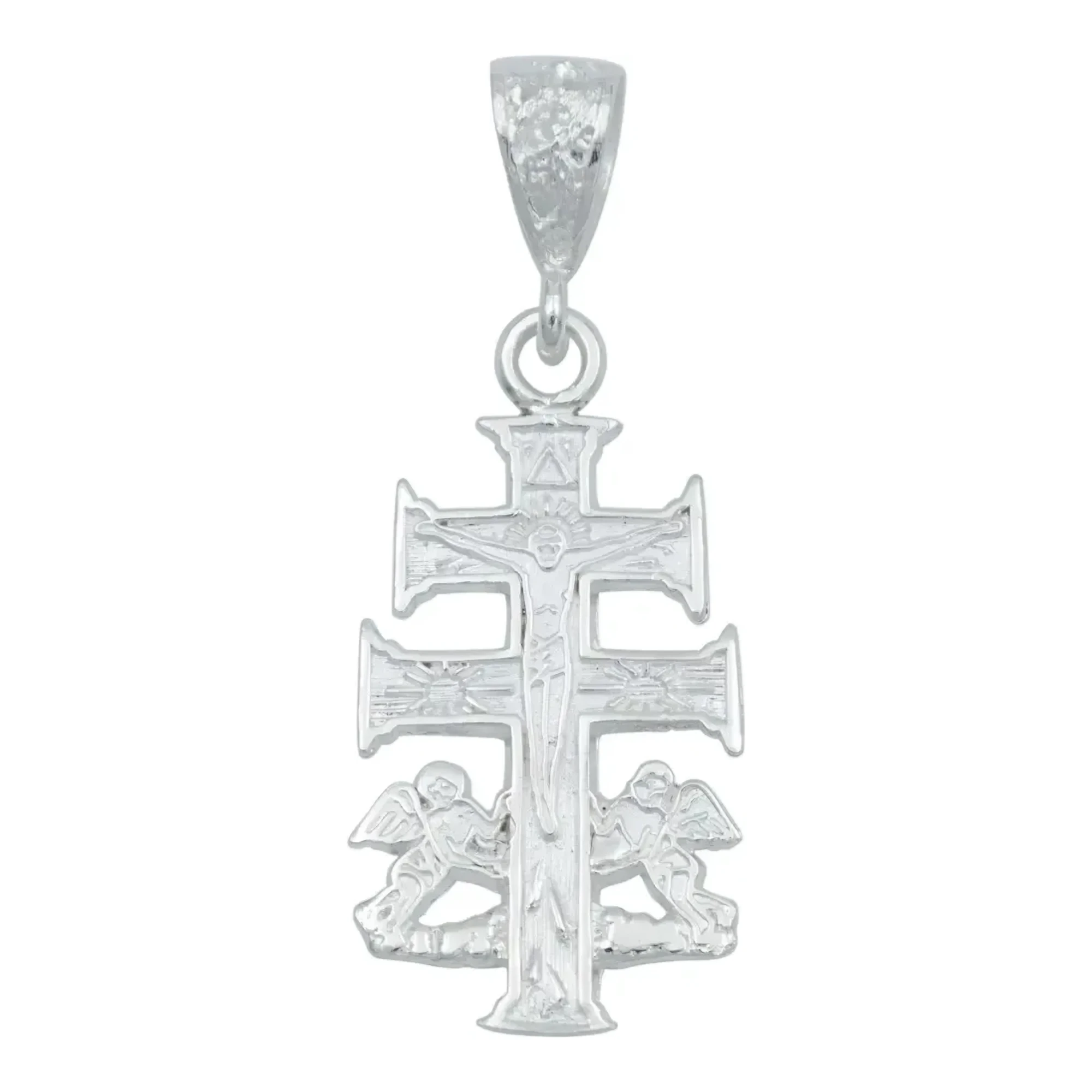 Dije cruz de Caravaca plata 925 para hombre con ángeles grabados, crucifijo de doble brazo en plata ley 925 nacional.