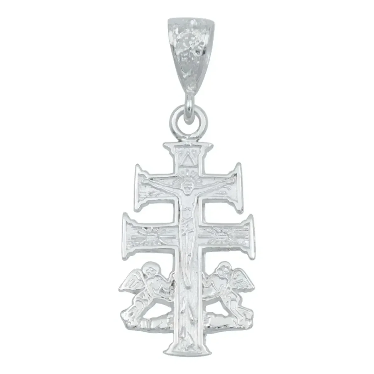 Dije Cruz de Caravaca Plata 925 para hombre con ángeles grabados. Joyería de plata .925 hecha en México, amuleto de protecció