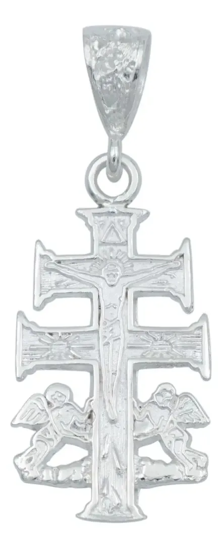 Dije de plata 925 para hombre, Cruz Caravaca con ángeles grabados. Joyería masculina plata fina, amuleto de protección, estil