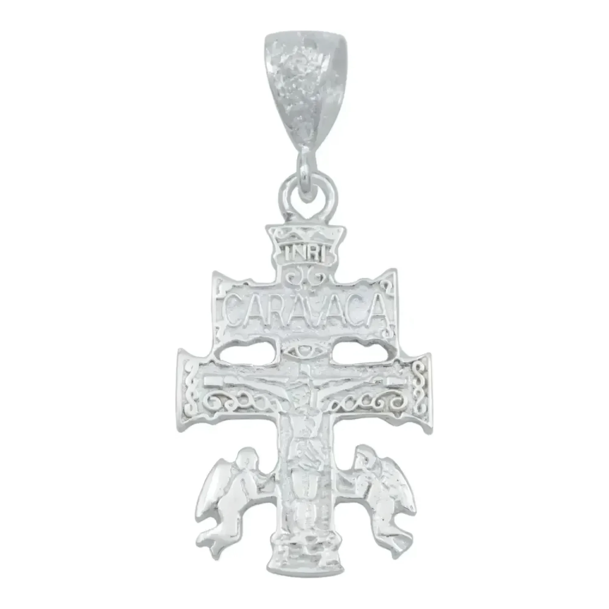 Dije cruz de caravaca plata ley 925 liso con ángeles para hombre, colgante religioso crucifijo con broche perico plateado.