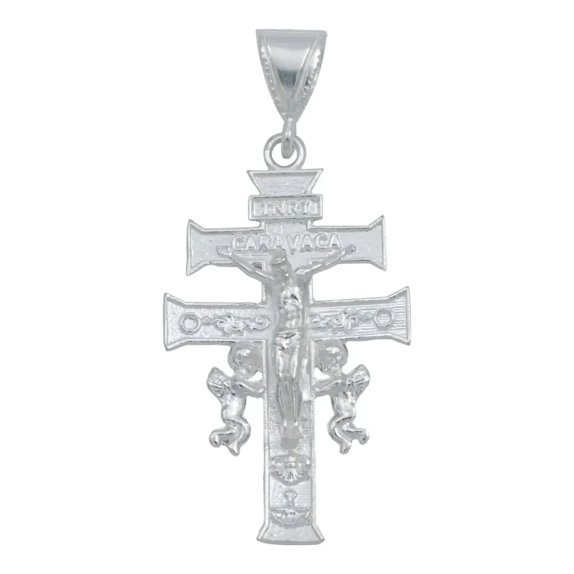 Dije Cruz de Caravaca plata ley .925 hombre grande acabado liso con Cristo y angeles relicario medalla estilo plata Taxco