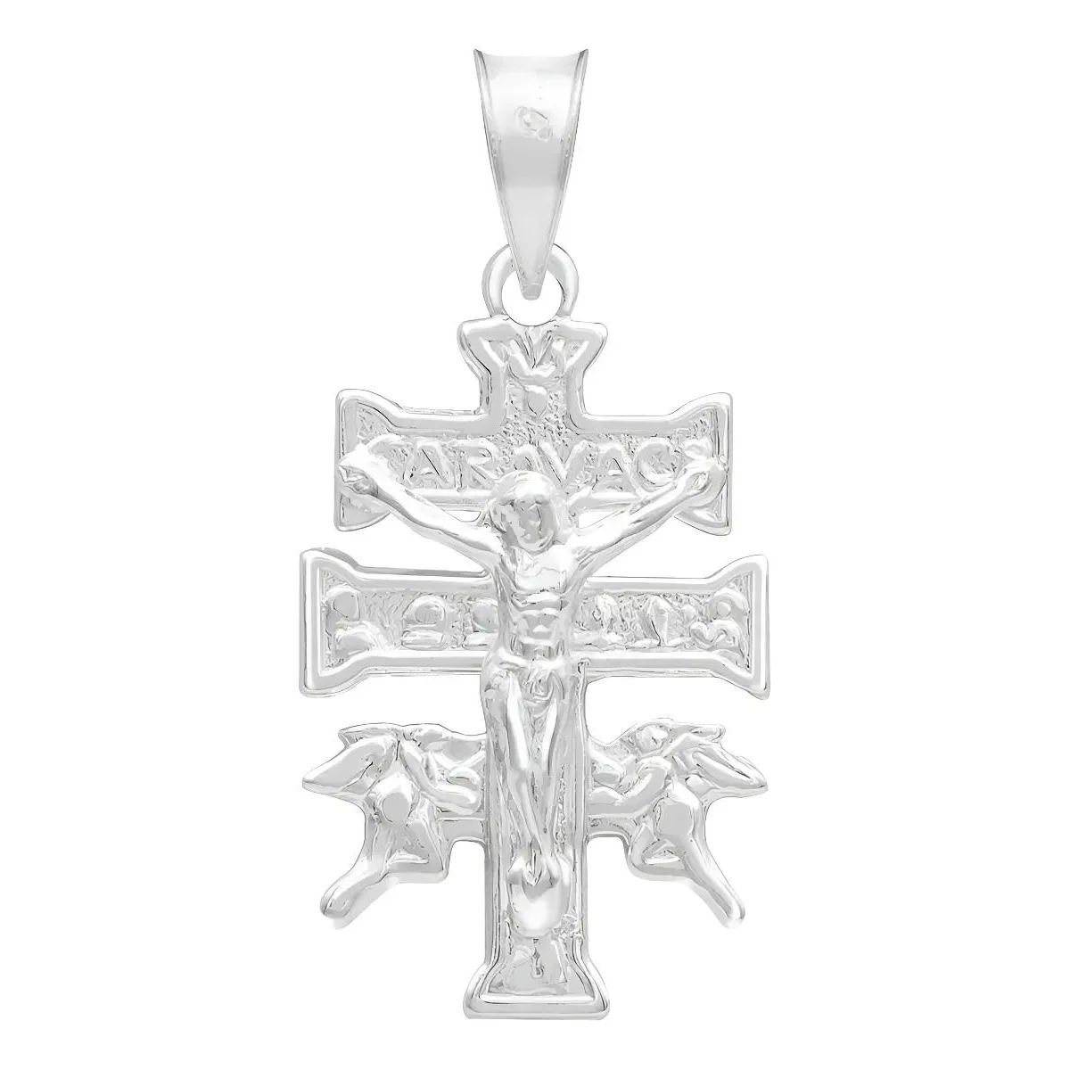 Dije Cruz de Caravaca Plata Ley 925 troquelada con Cristo y Ángeles, joyería artesanal para mamá, amuleto de protección.