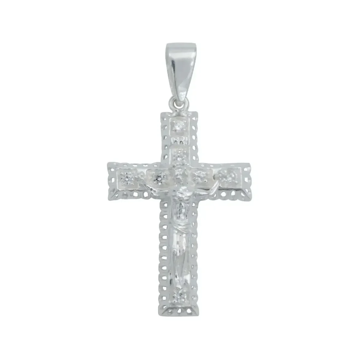 Dije Cruz de Cristo en relieve, plata .925 genuina con zirconias cúbicas brillantes. Colgante cruz de plata unisex, joyería d