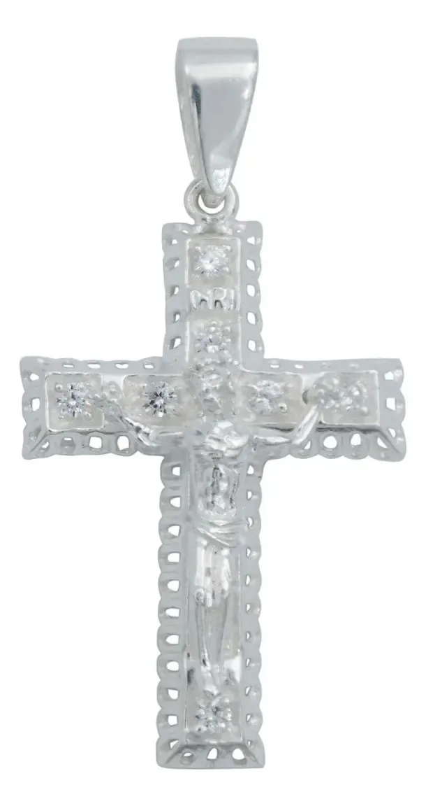 Dije Cruz de Cristo en relieve, Plata .925 genuina con Zirconias cúbicas brillantes. Joyería artesanal de plata mexicana.