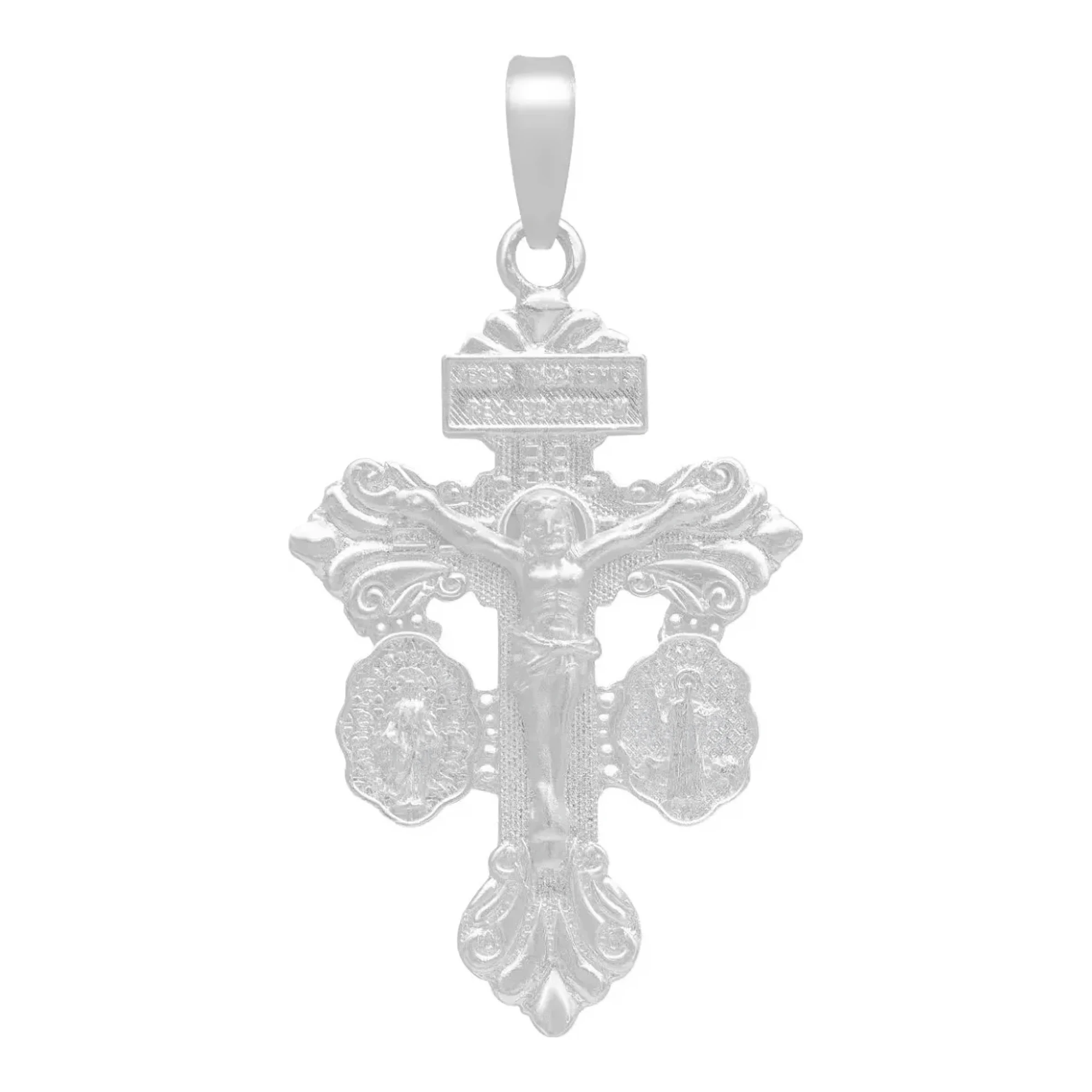 Dije Cruz del Perdón San Benito Milagrosa en plata 925 nacional con acabado grabado y broche tipo perico para collar unisex