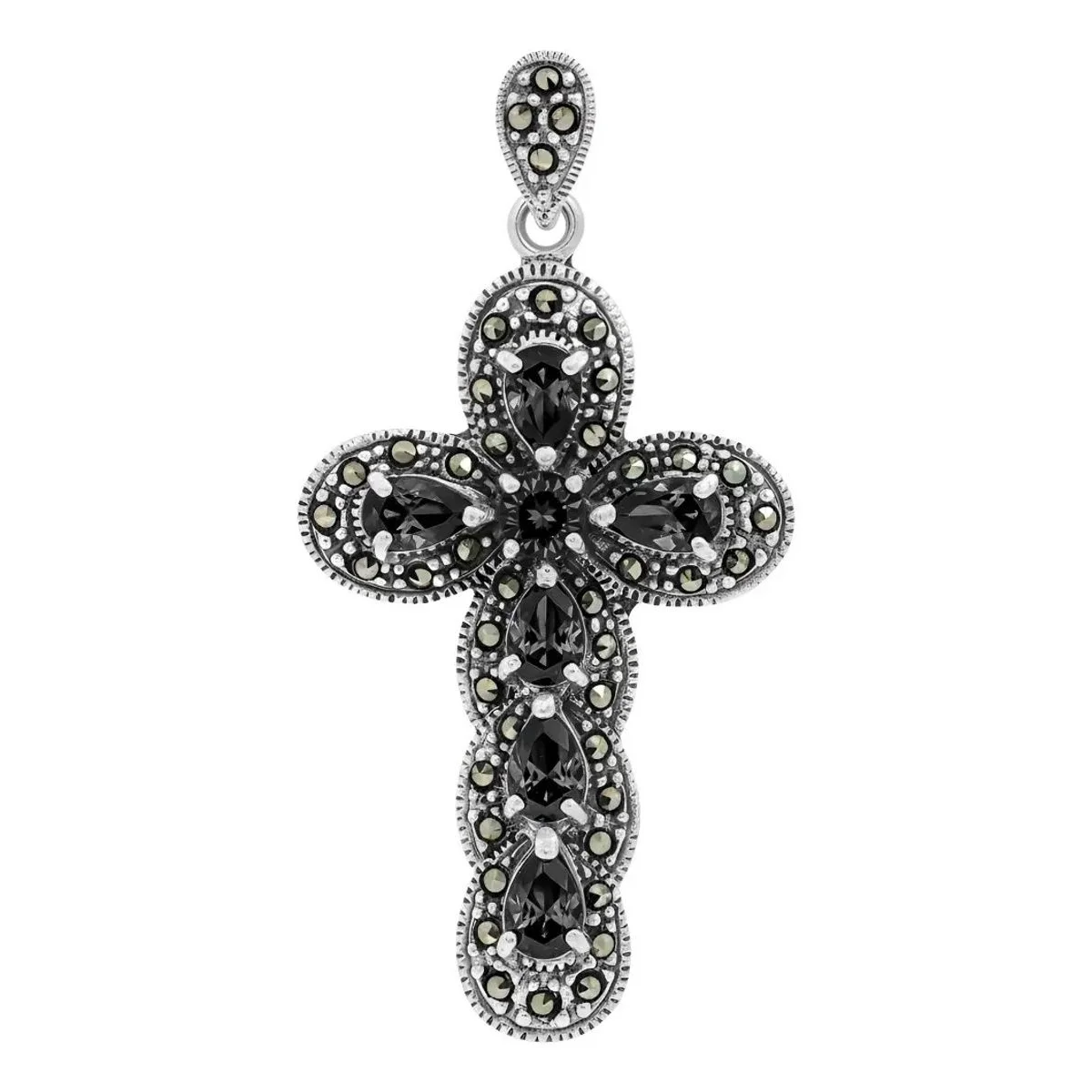 Dije cruz grande plata .925 con zirconia negra brillante unisex. Joyería artesanal mexicana con diseño moderno y minimalista.