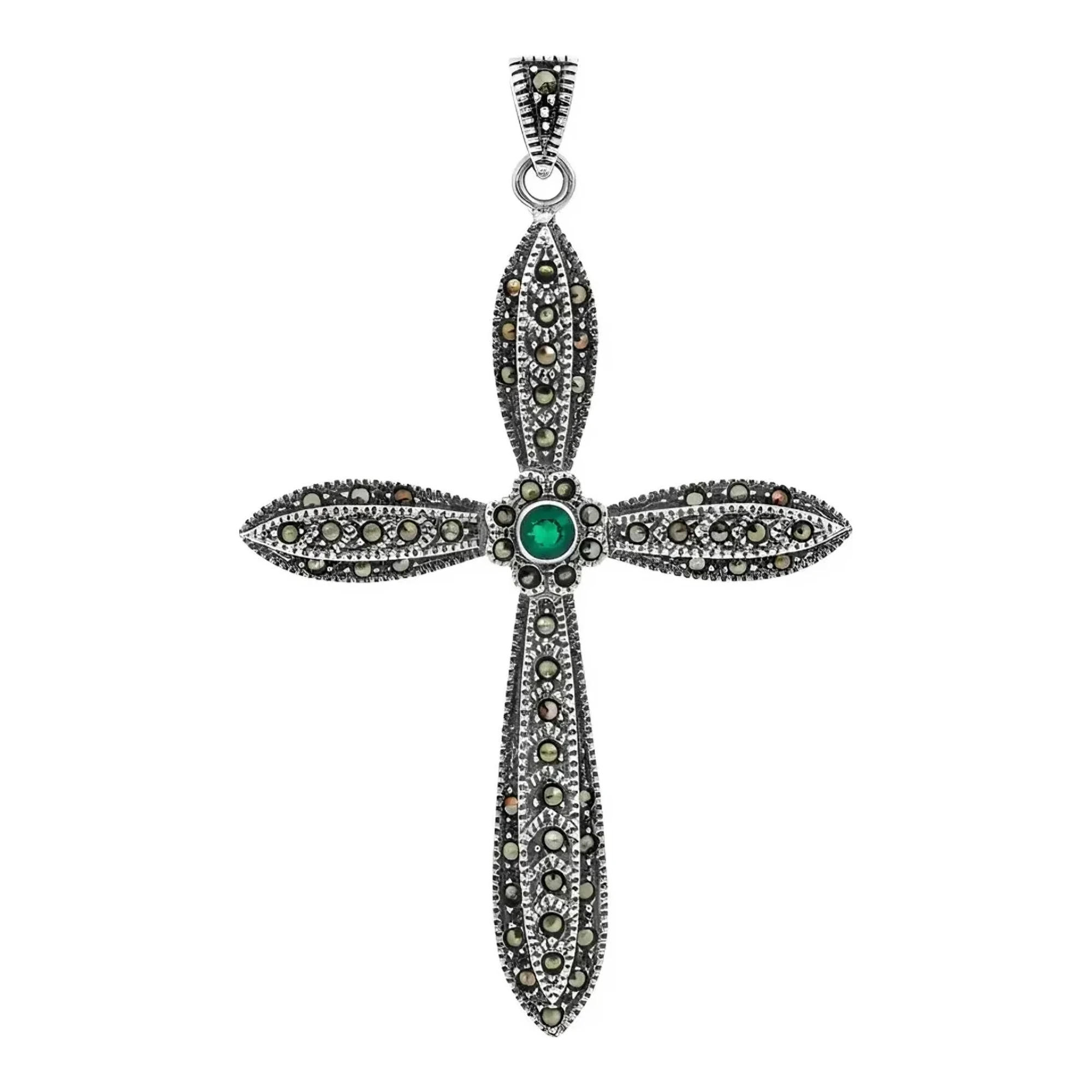 Dije cruz grande de plata .925 nacional con zirconia verde incrustada en fino pavé para collar de caballero resistente