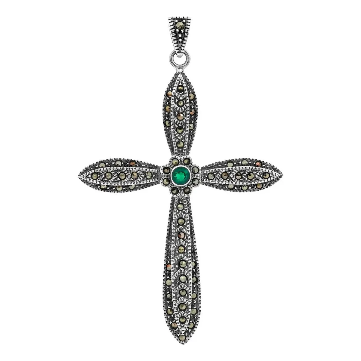 Dije Cruz Grande Plata 925 con Zirconia Verde. Colgante significativo para collares de cadena hombre. Joyería de plata.