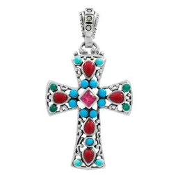 Dije Cruz Grande Plata 925 Rodizada con Zirconia Multicolor - Imagen 1