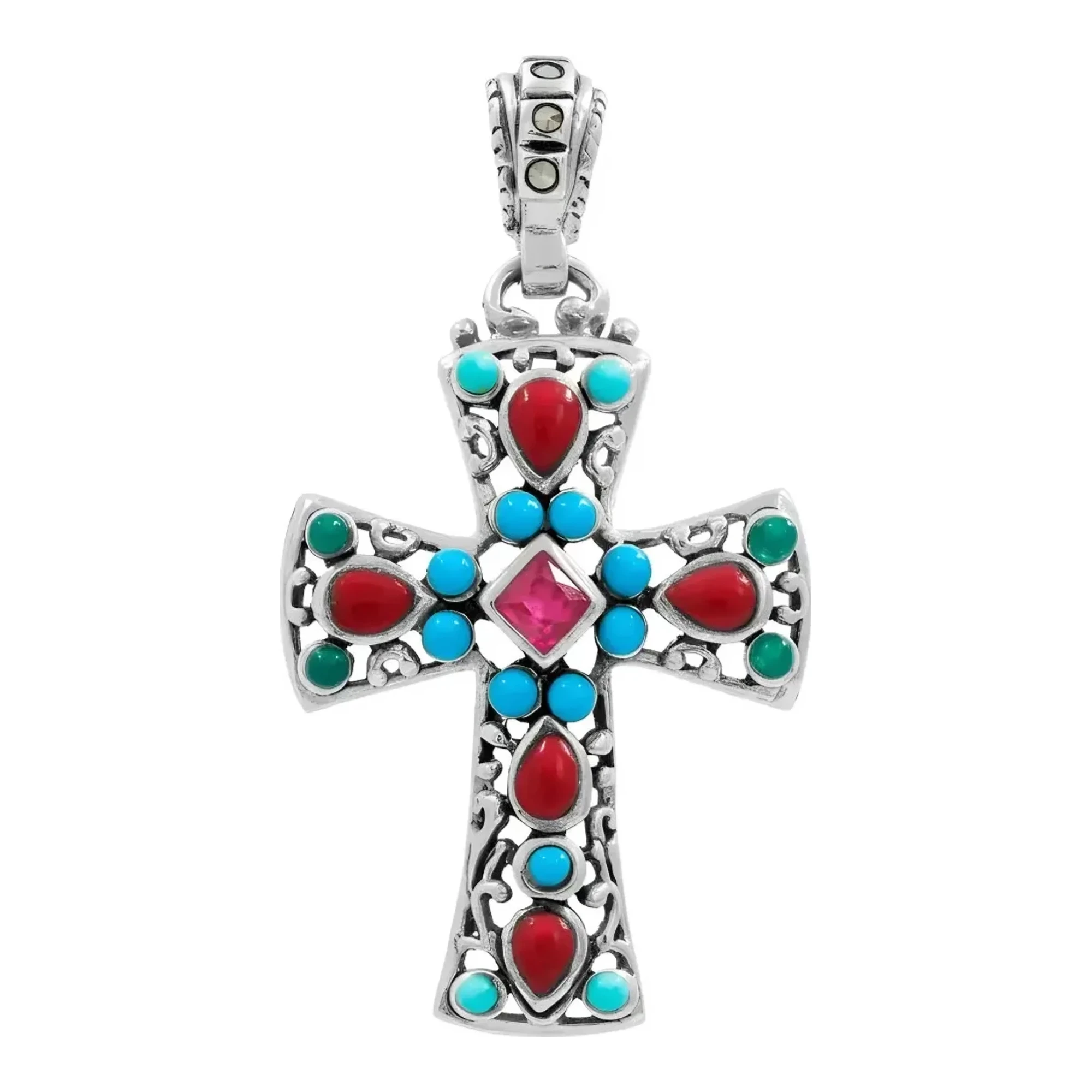 Dije cruz de plata 925 mujer rodizada con zirconia multicolor acabado liso y broche perico en joyeria religiosa fina ley