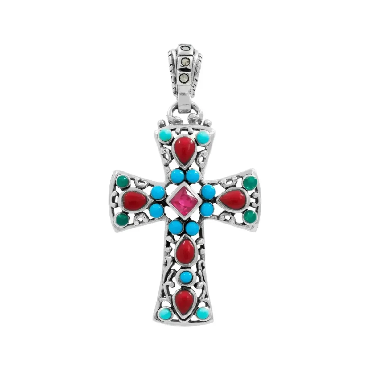 Dije Cruz Grande Plata .925 Rodizada con Zirconia Multicolor, joyería de plata mexicana moderna y versátil, diseño chunky.