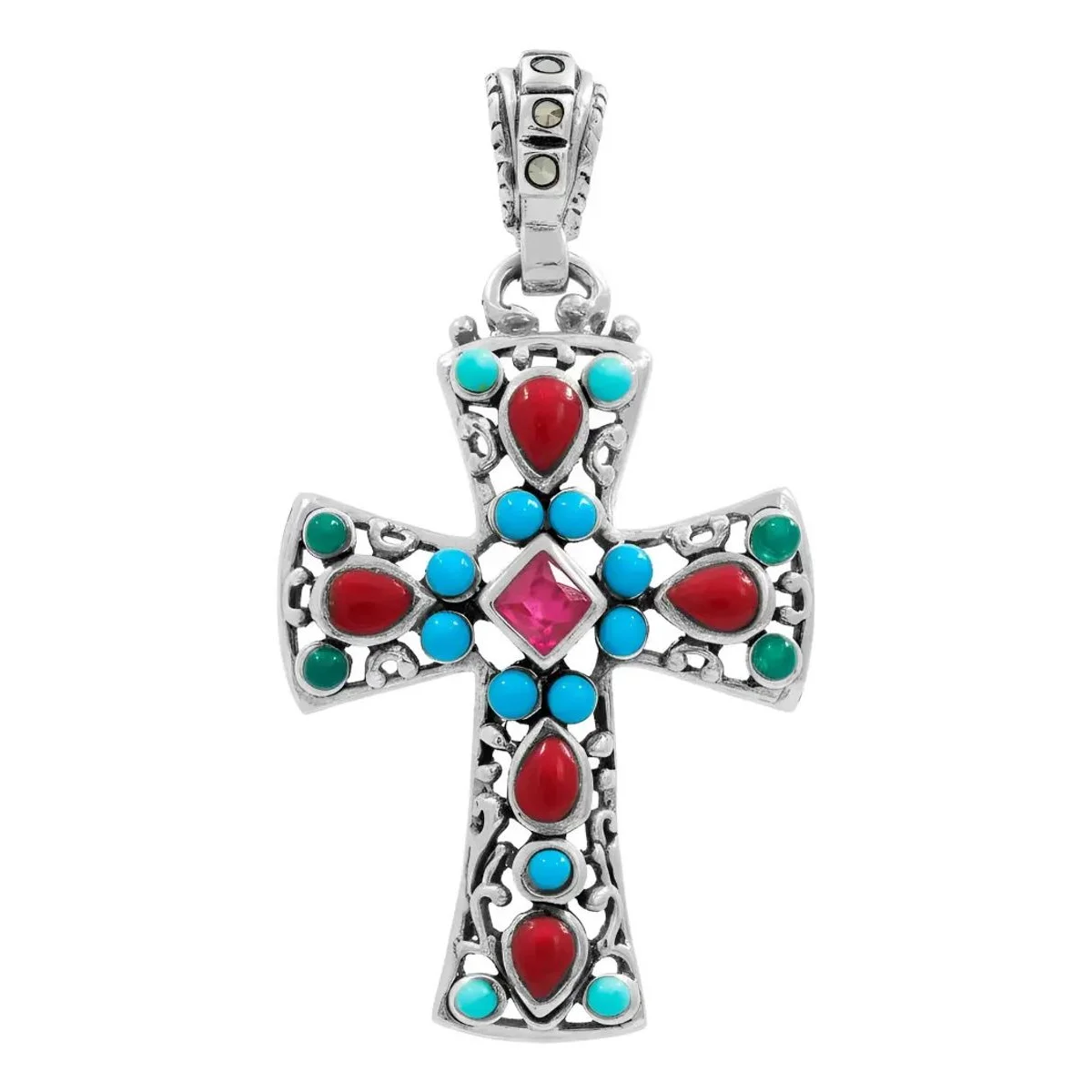 Dije Cruz Grande Plata 925 Rodizada con Zirconia Multicolor, joyería minimalista plata moderna, diseño versátil.