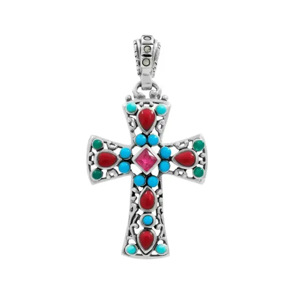 Dije Cruz Grande Plata 925 Rodizada con Zirconia Multicolor - Imagen 1