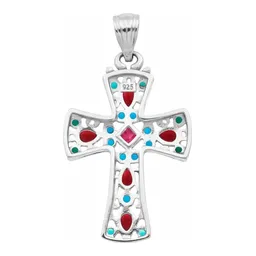 Dije Cruz Grande Plata 925 Rodizada con Zirconia Multicolor - Imagen 2