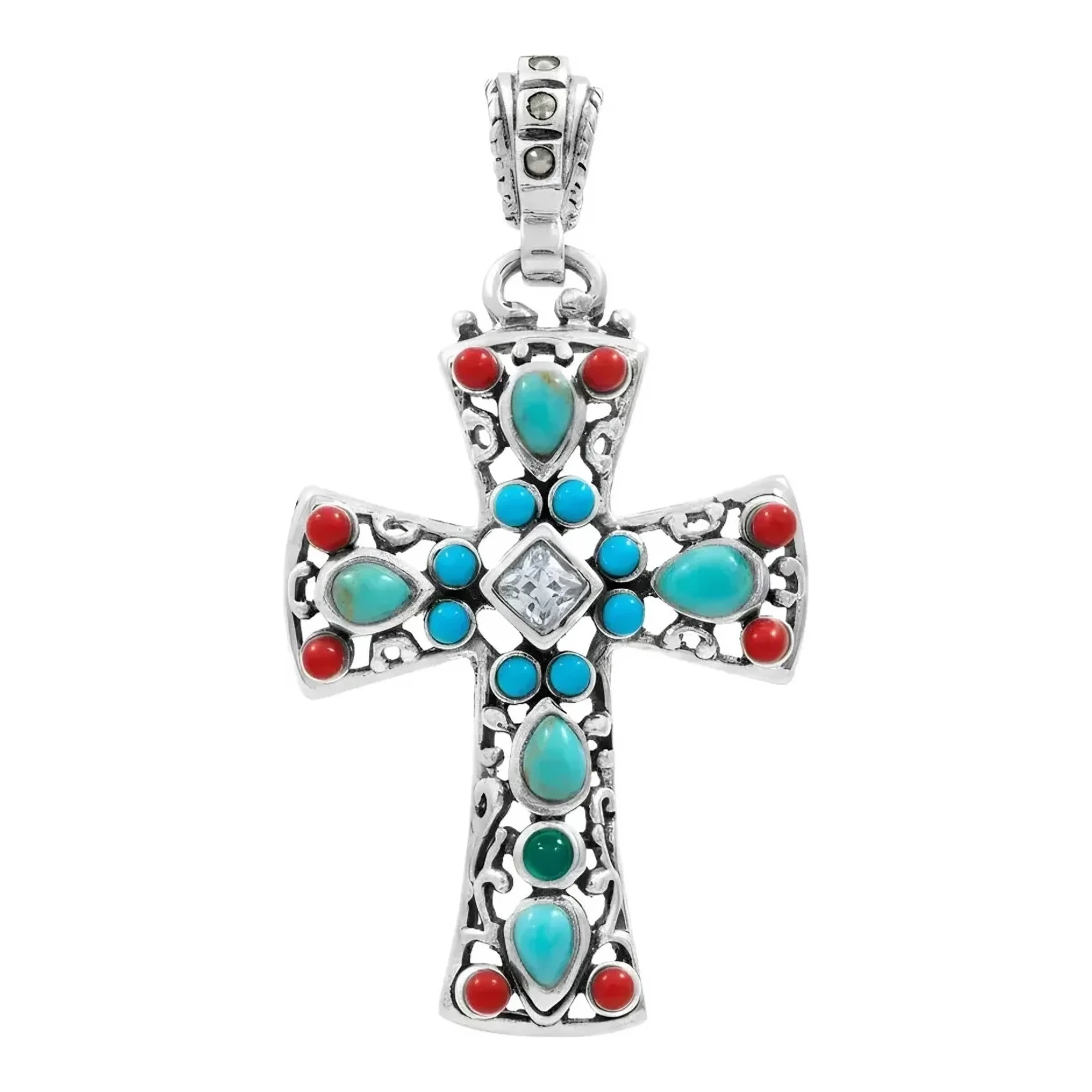 Dije cruz grande plata .925 rodizada con zirconia brillante blanca, acabado liso colgante religioso cadena unisex Joyaris