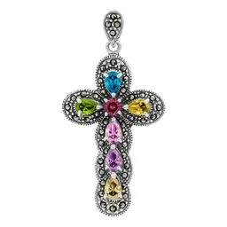 Dije Cruz Grande Plata 925 Rodizada con Zirconias Multicolor - Imagen 1