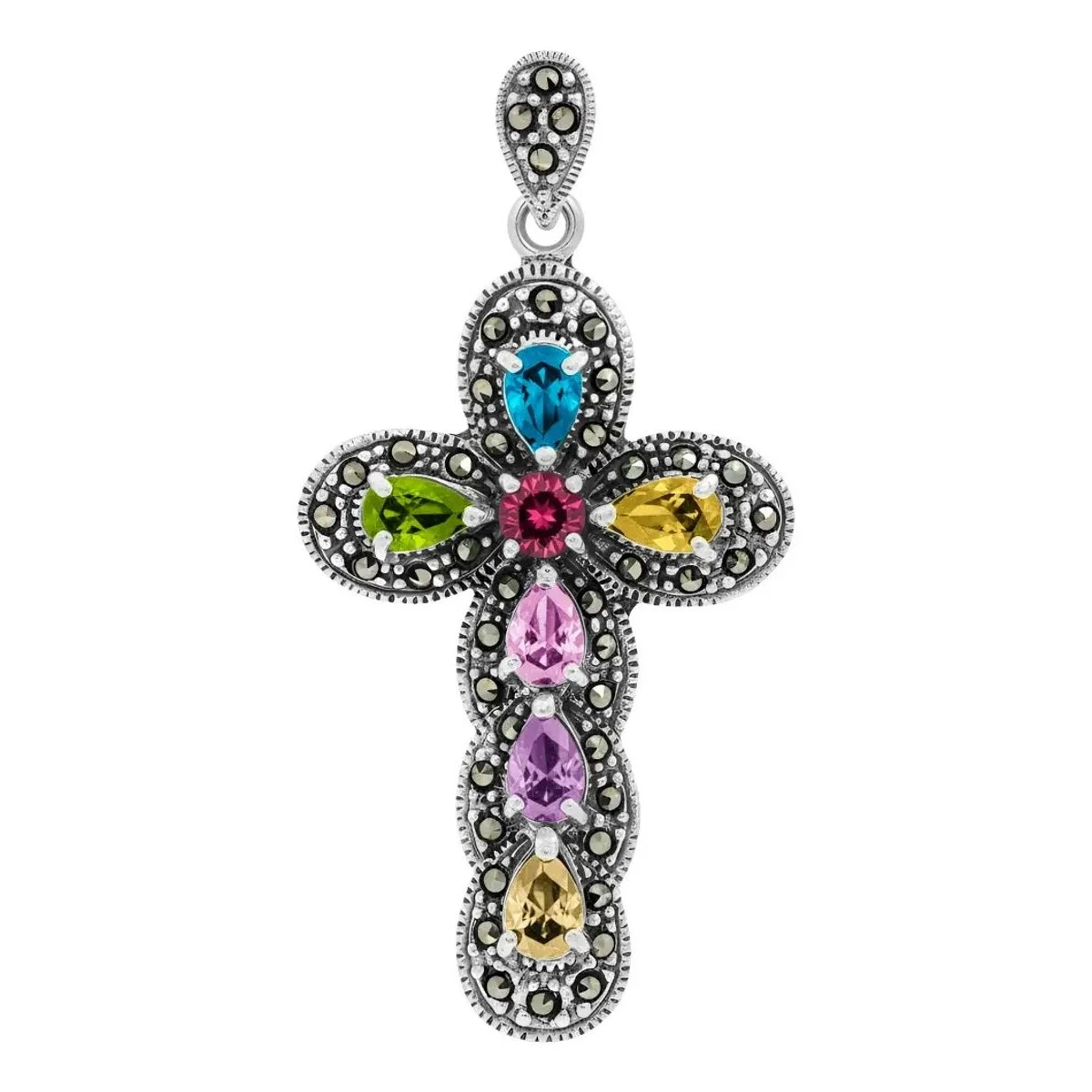 Dije Cruz Grande Plata .925 rodizada, joyería mexicana artesanal con zirconias multicolor, diseño moderno y amuleto protector