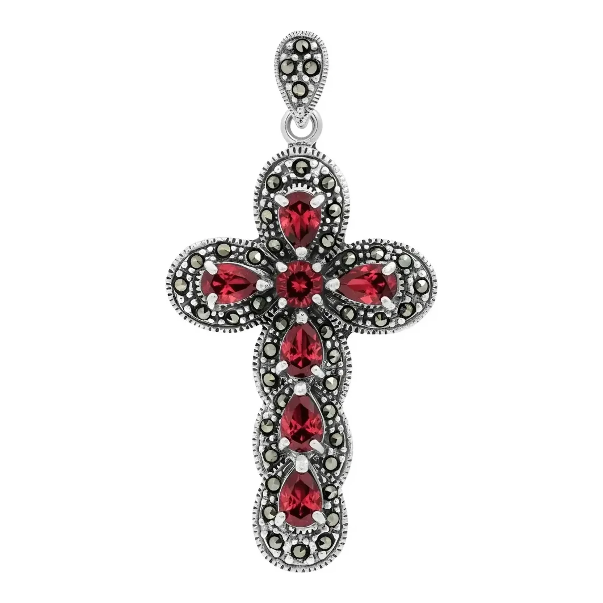 Dije cruz grande plata .925 rodizada acabado liso con zirconias rojas brillantes y broche perico de joyería mexicana unisex