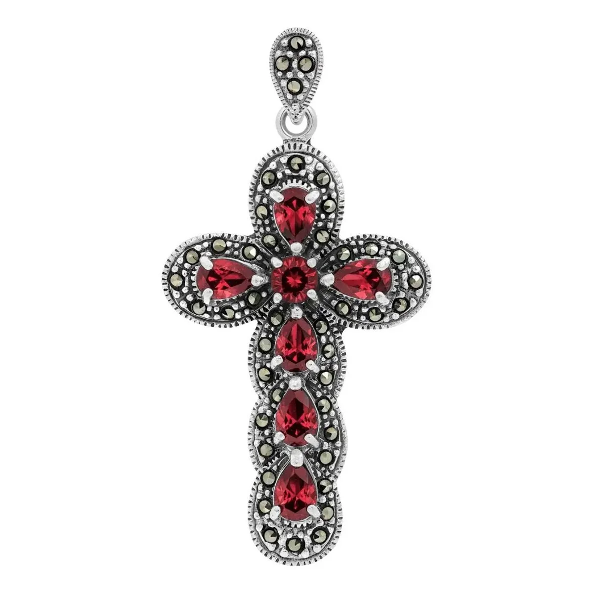 Dije Cruz Grande Plata .925 Rodizada, colgante religioso con zirconias rojas. Joyería artesanal mexicana, plata nacional.