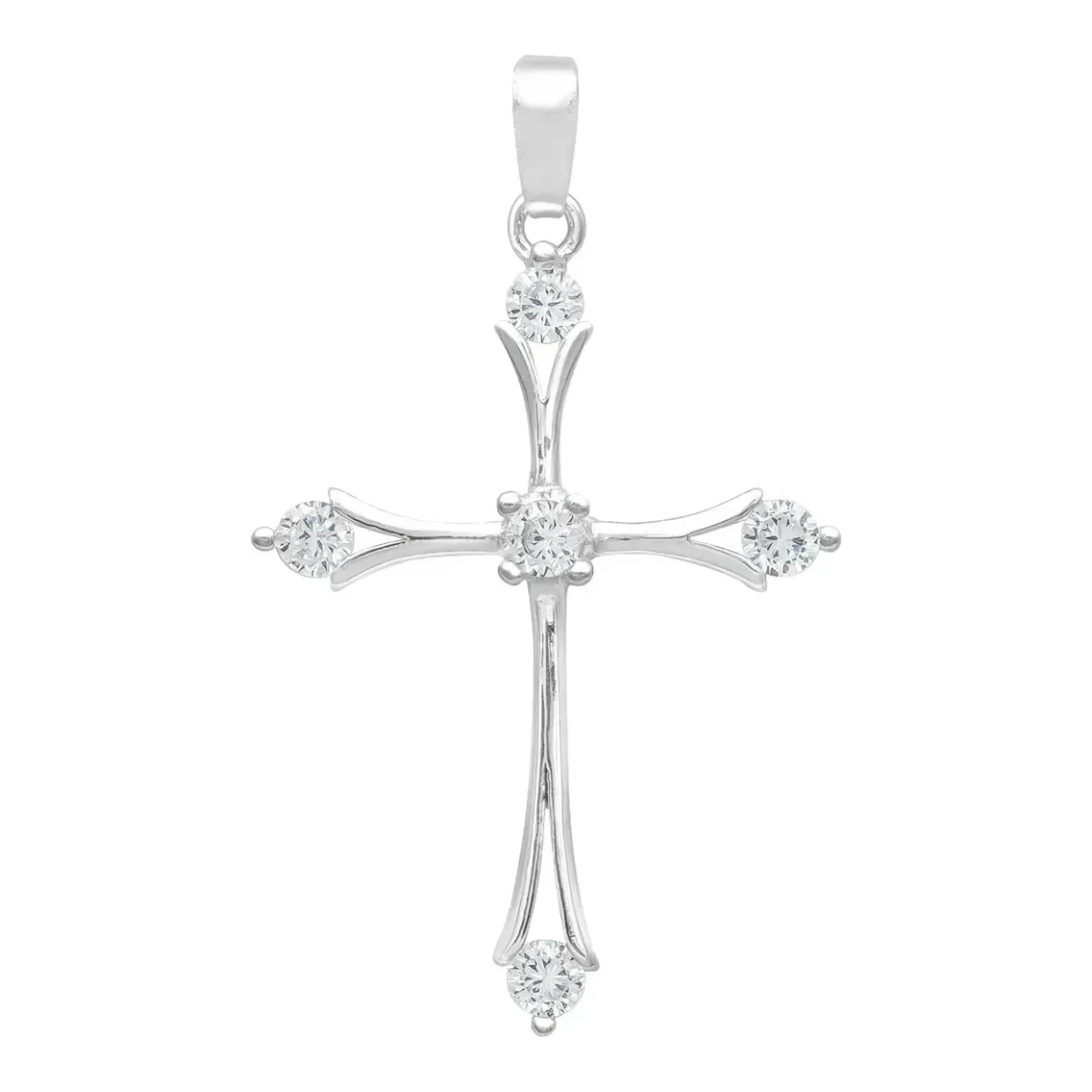 Dije de cruz italiana en plata ley 925 nacional con zirconias brillantes, acabado liso blanco y broche de perico unisex