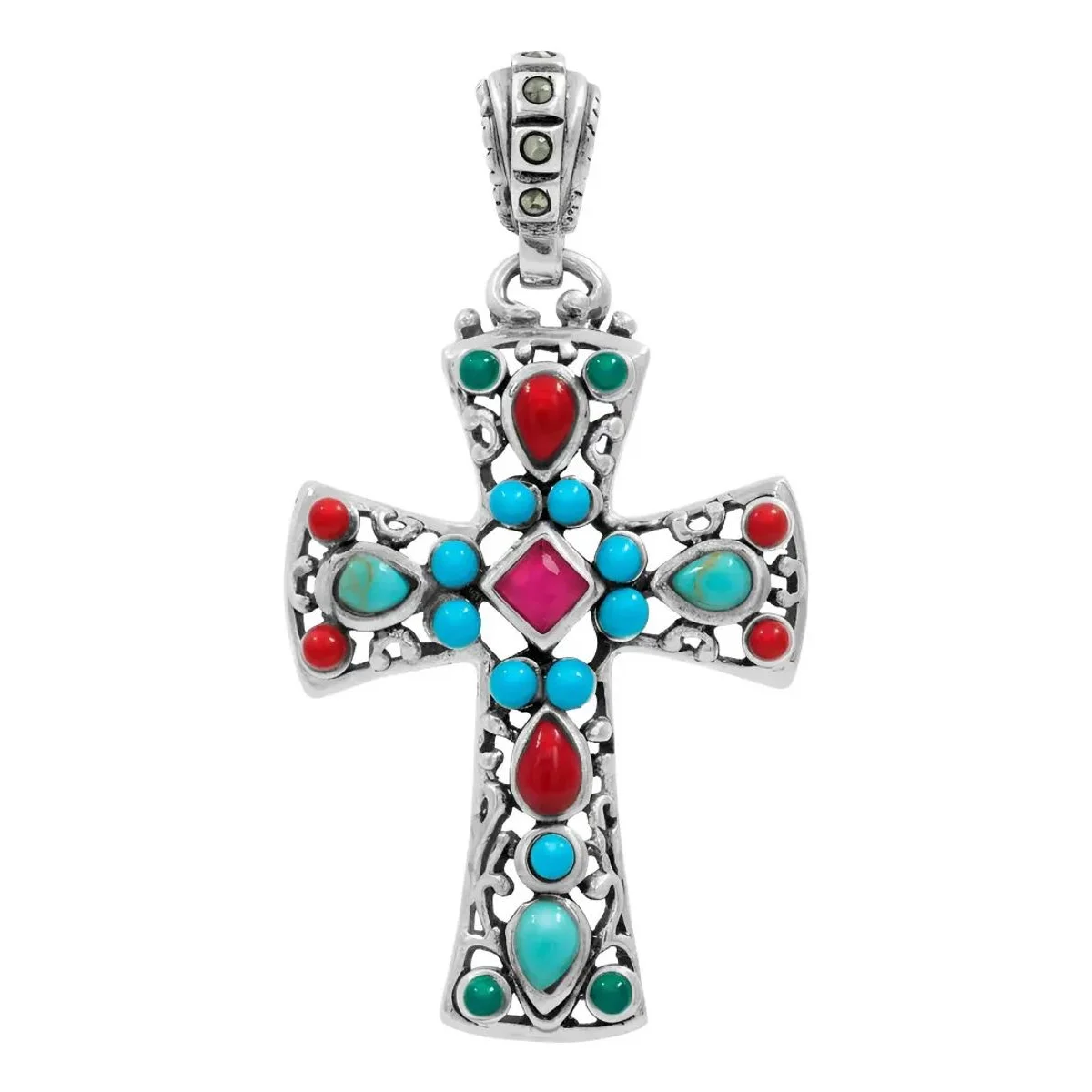 Dije Cruz Plata .925 Rodizada Zirconia Fucsia brillante, ideal para collares de plata personalizados. Joyería fina con diseño