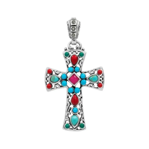 Dije Cruz Plata 925 Rodizada con Zirconia Fucsia - Imagen 1